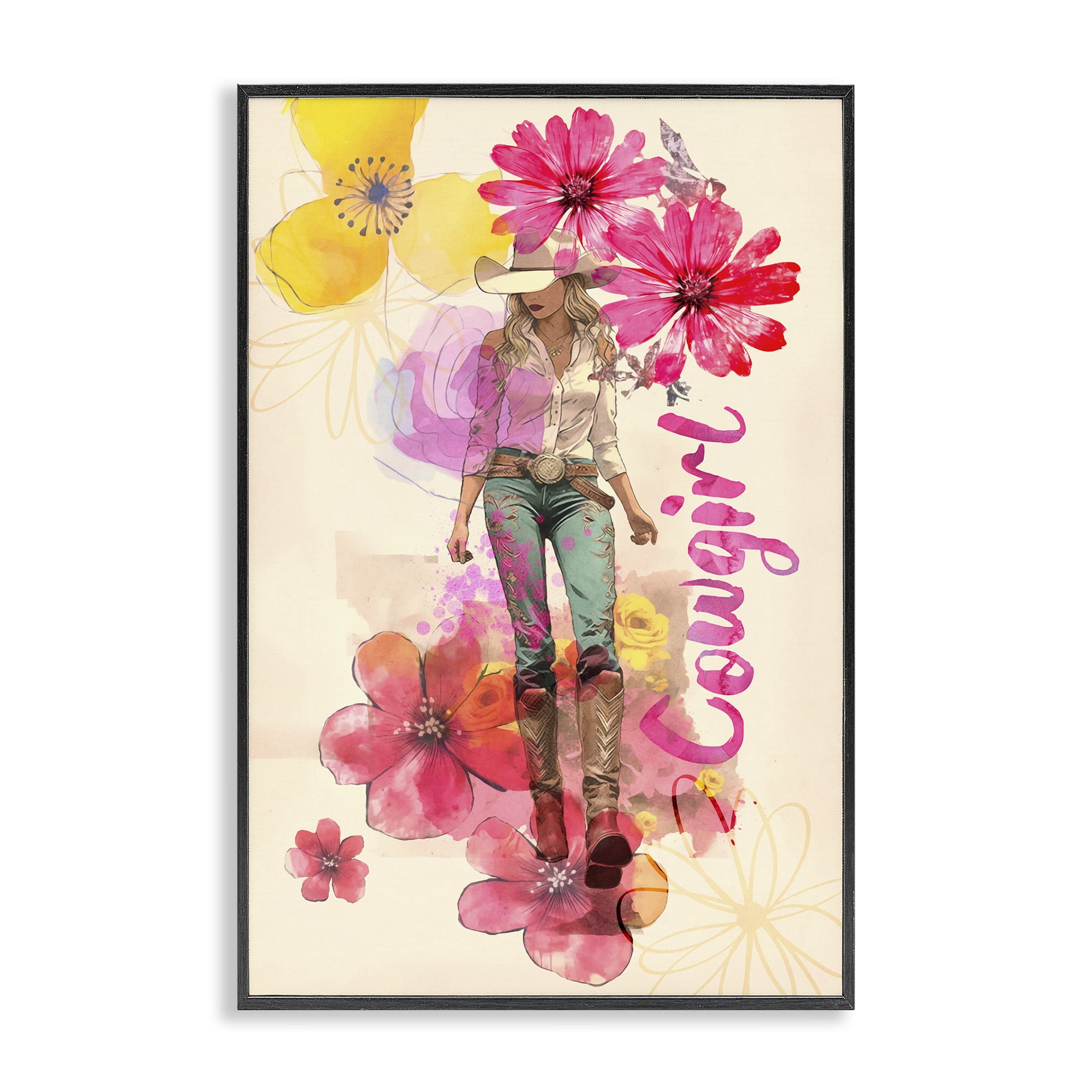 Stupell Industries Fancy Floral Cowgirl People Painting Black Framed Art Print Wall Art, 20 x 30