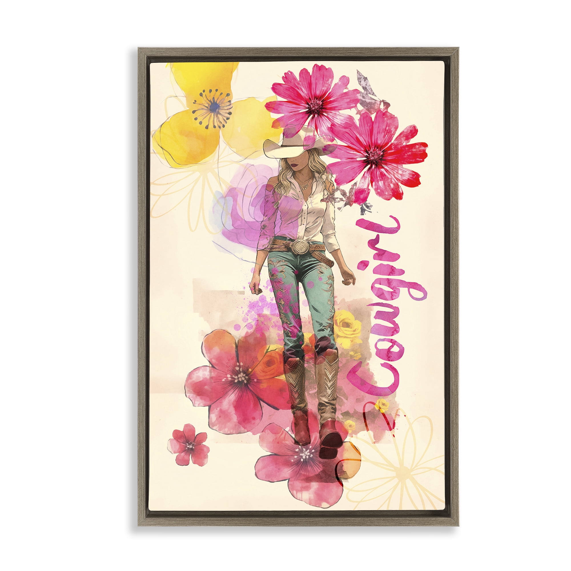 Stupell Industries Fancy Floral Cowgirl People Painting Brown Floater Framed Canvas Art Print Wall Art, 17 x 25