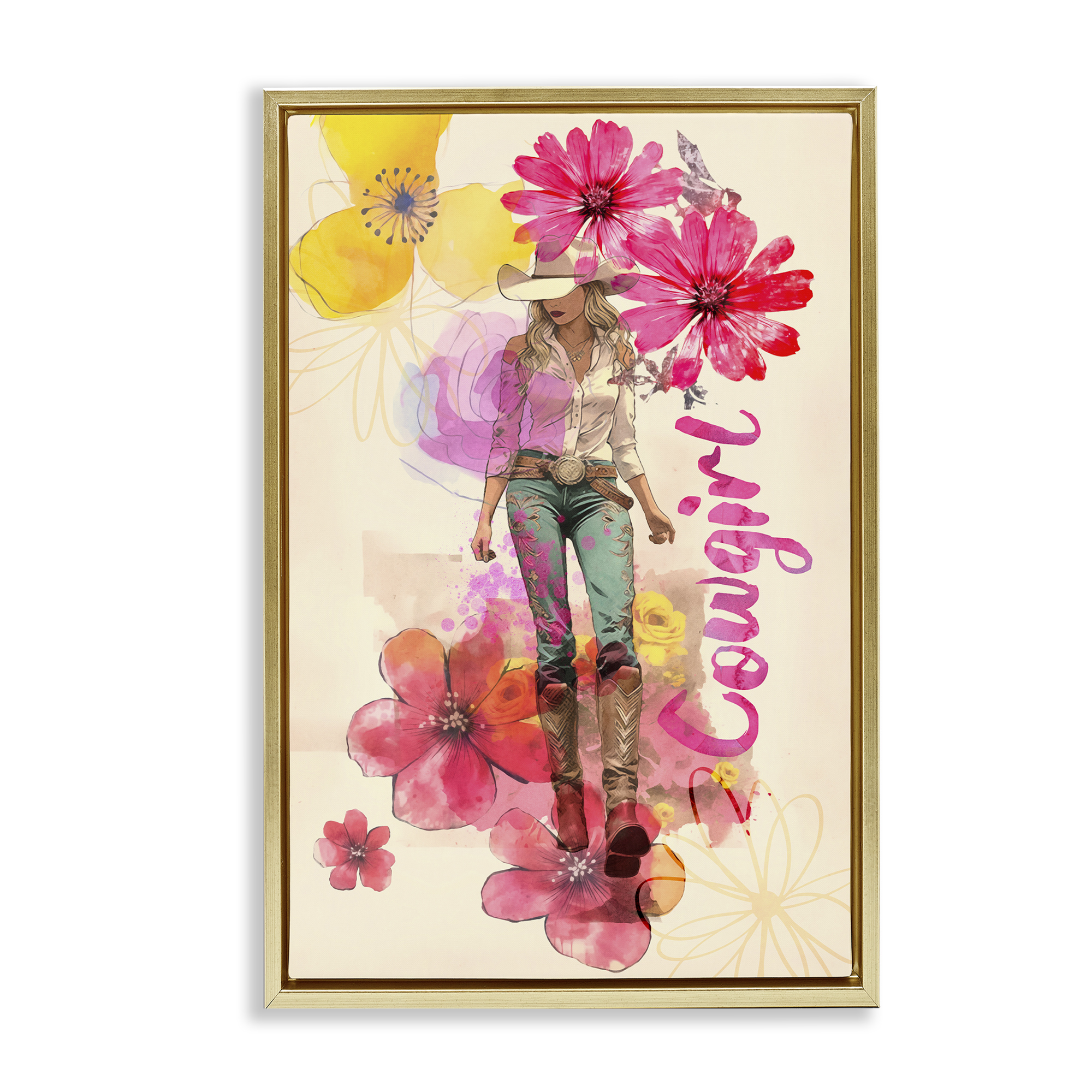 Stupell Industries Fancy Floral Cowgirl People Painting Gold Floater Framed Canvas Art Print Wall Art, 21 x 31