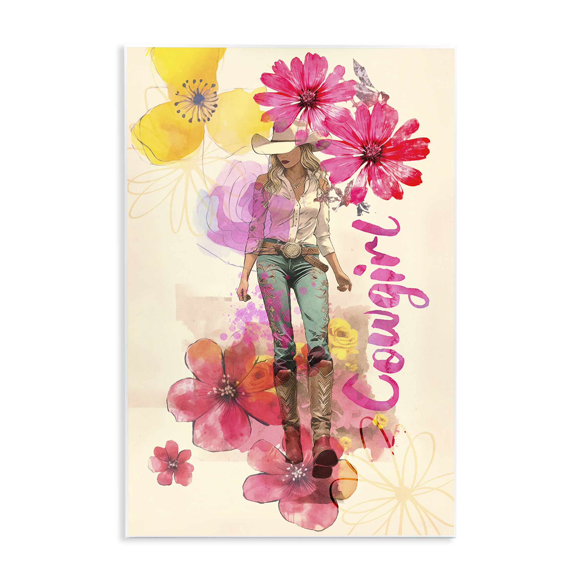 Stupell Industries Fancy Floral Cowgirl People Painting Unframed Art Print Wall Art, 13 x 19