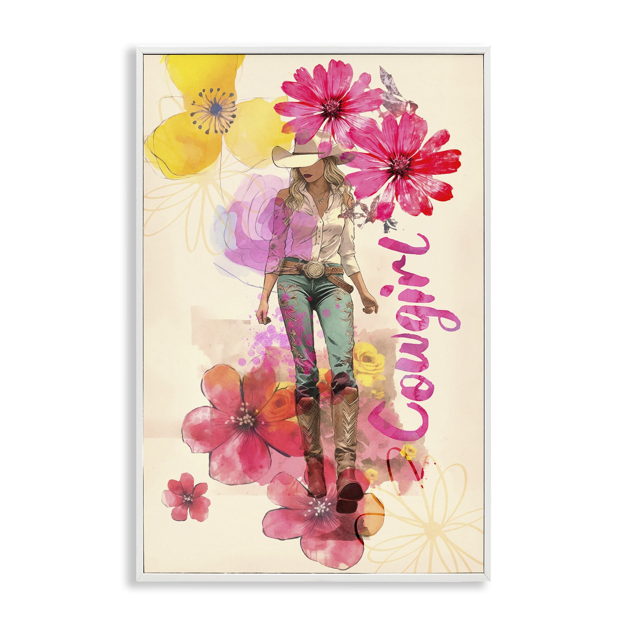 Stupell Industries Fancy Floral Cowgirl People Painting White Framed Art Print Wall Art, 16 x 24