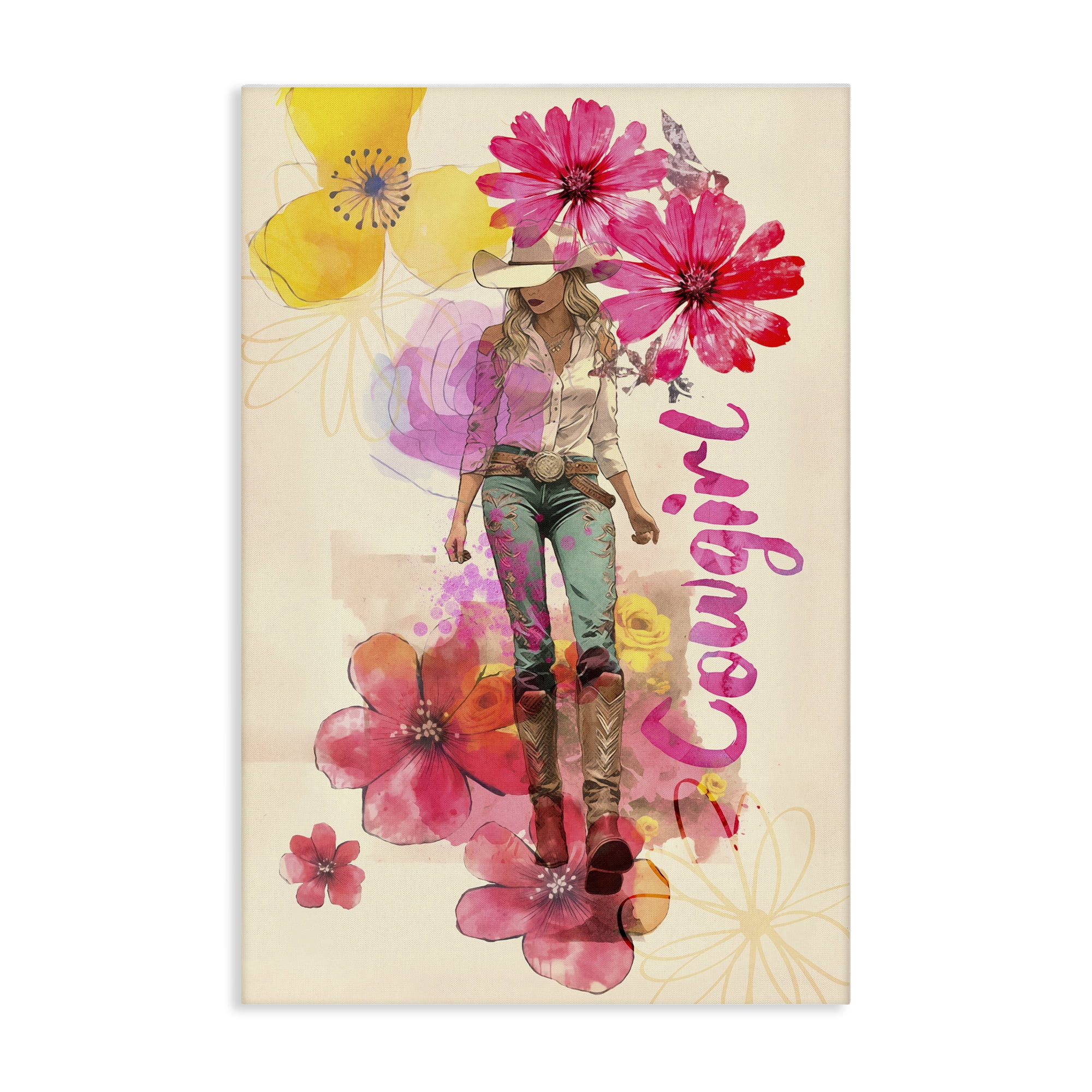 Stupell Industries Fancy Floral Cowgirl People Painting Wrapped Canvas Art Print Wall Art, 16 x 24