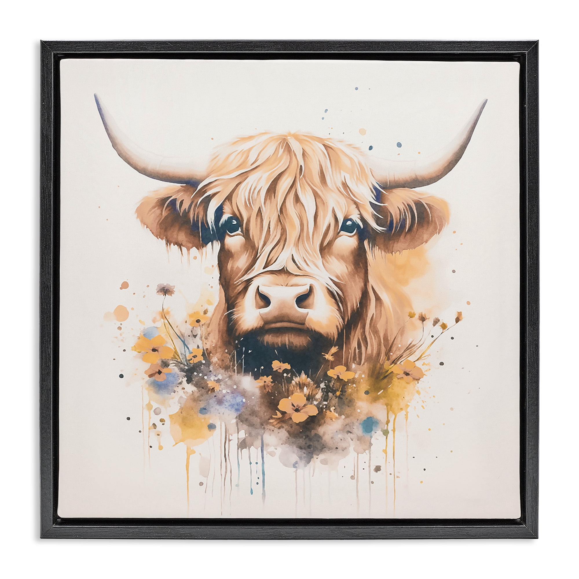 Stupell Industries Fancy Florals Highland Cow Animals Painting Black Floater Framed Canvas Art Print Wall Art, 18 x 18