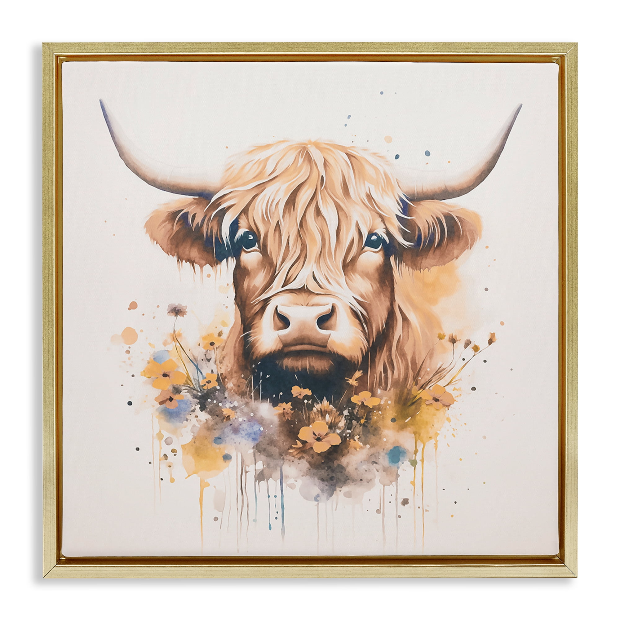Stupell Industries Fancy Florals Highland Cow Animals Painting Gold Floater Framed Canvas Art Print Wall Art, 18 x 18