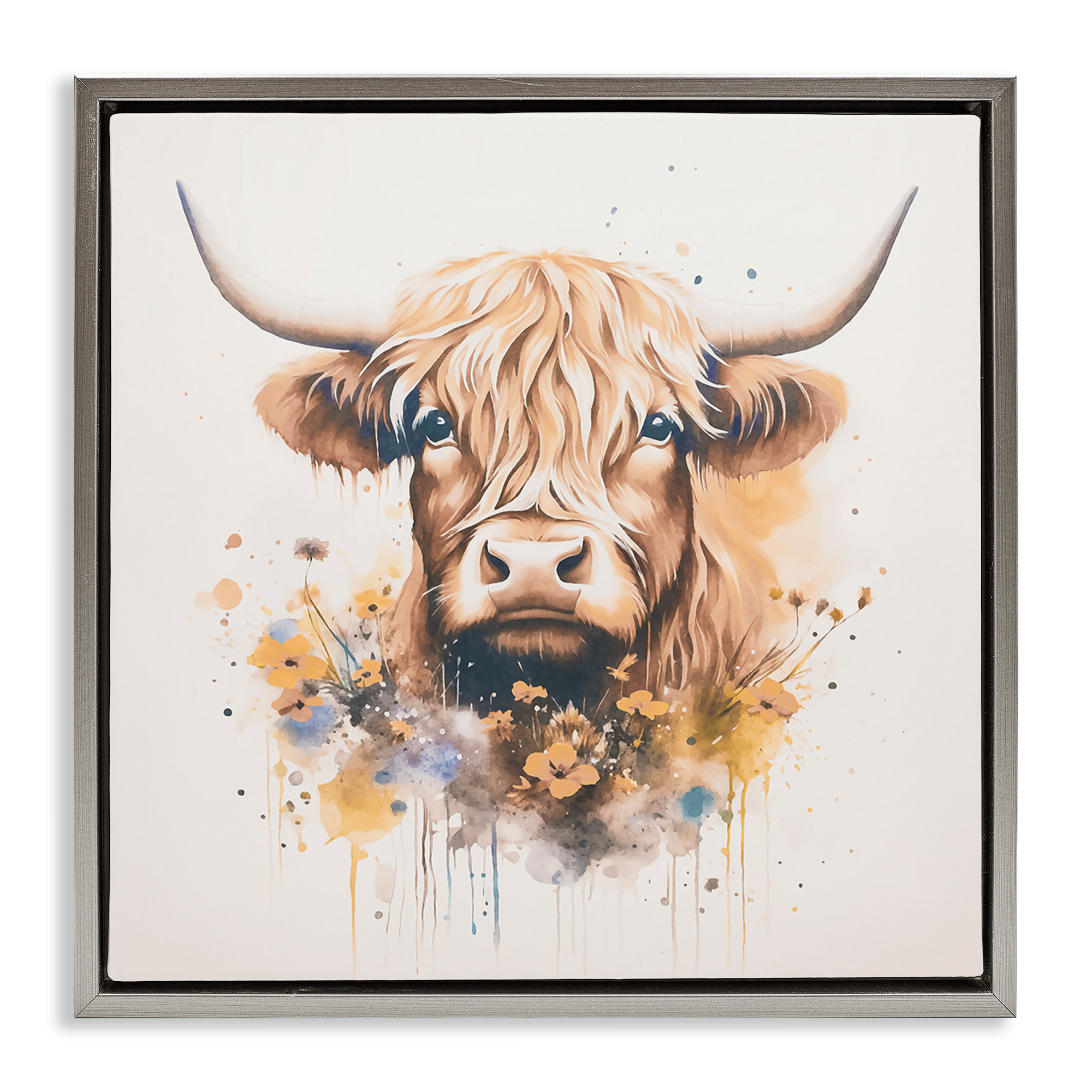 Stupell Industries Fancy Florals Highland Cow Animals Painting Gray Floater Framed Canvas Art Print Wall Art, 18 x 18