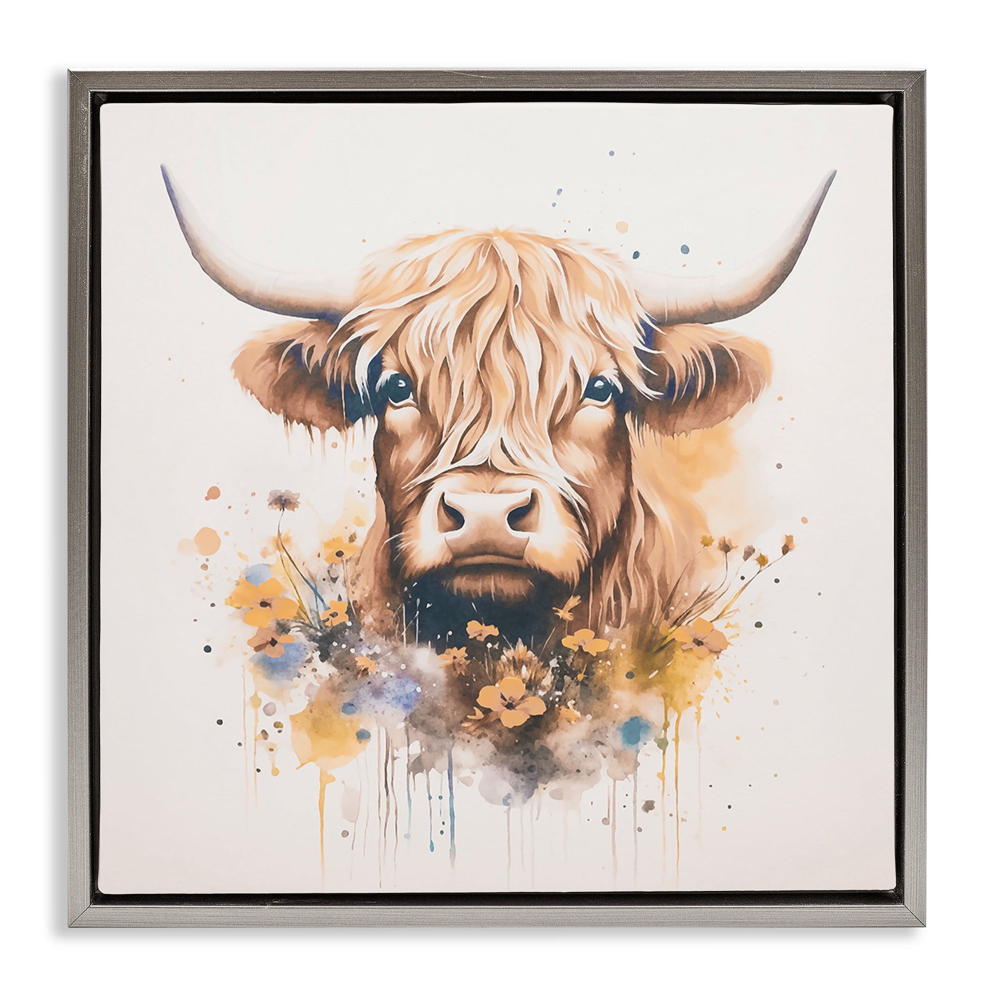 Stupell Industries Fancy Florals Highland Cow Animals Painting Gray Floater Framed Canvas Art Print Wall Art, 25 x 25