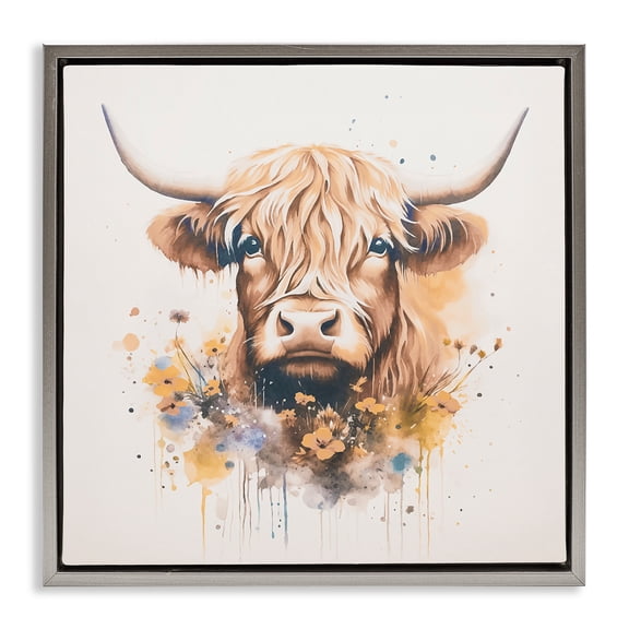Stupell Industries Fancy Florals Highland Cow Animals Painting Gray Floater Framed Canvas Art Print Wall Art, 25 x 25