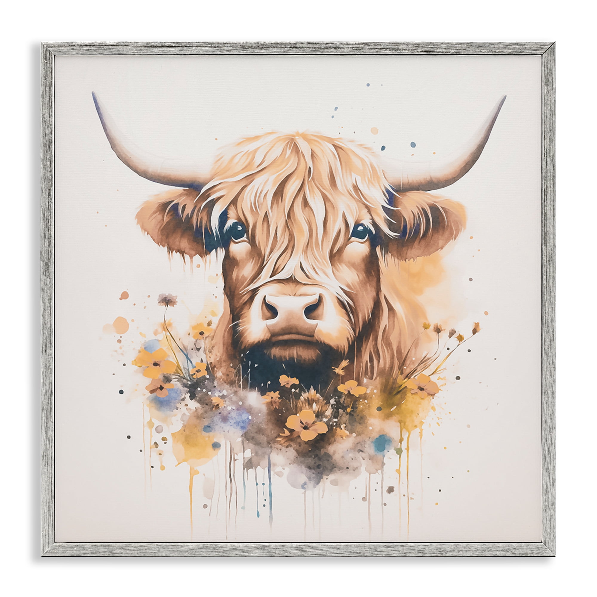 Stupell Industries Fancy Florals Highland Cow Animals Painting Gray Framed Art Print Wall Art, 24 x 24