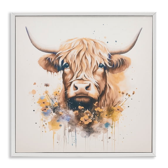 Stupell Industries Fancy Florals Highland Cow Animals Painting White Framed Art Print Wall Art, 12 x 12