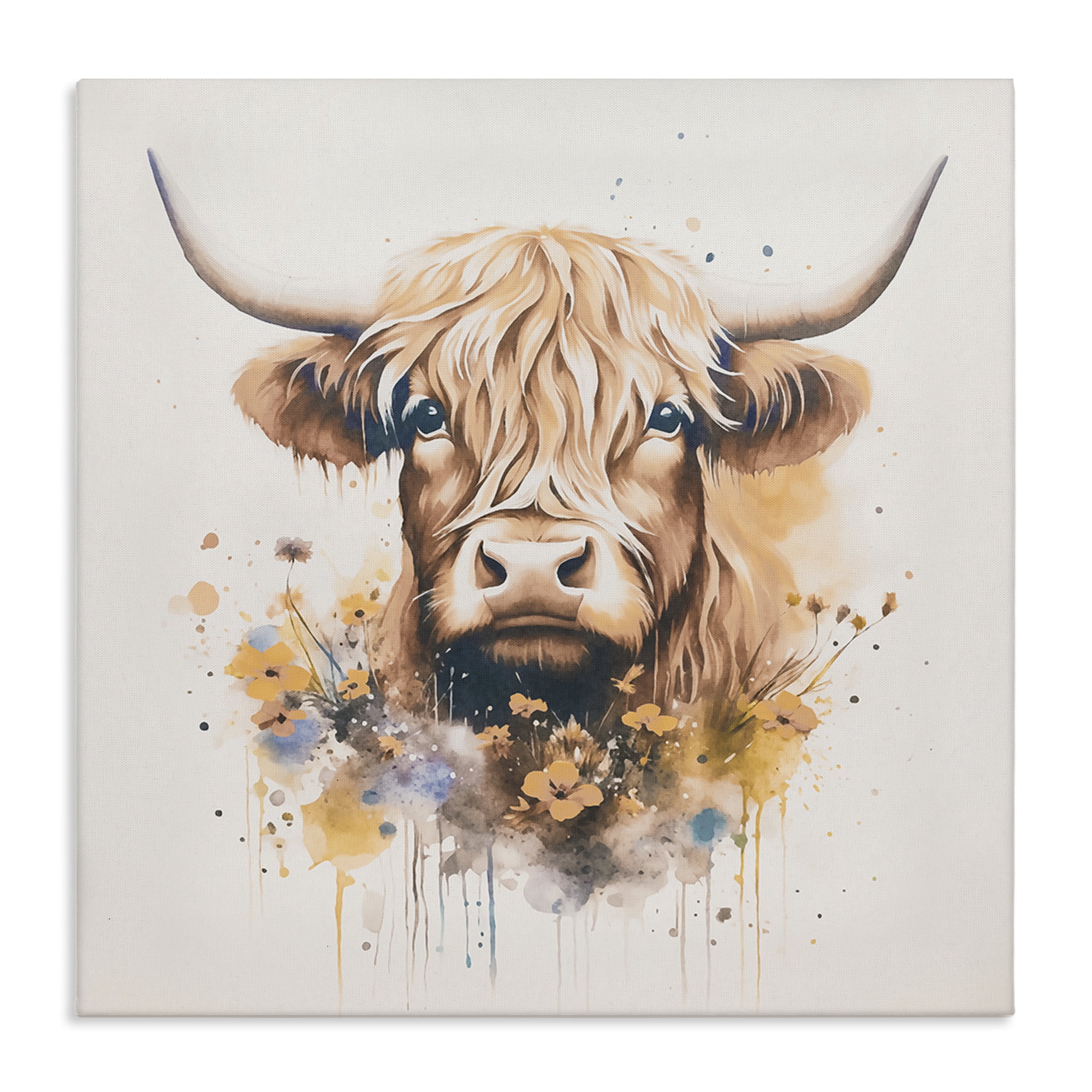 Stupell Industries Fancy Florals Highland Cow Animals Painting Wrapped Canvas Art Print Wall Art, 17 x 17