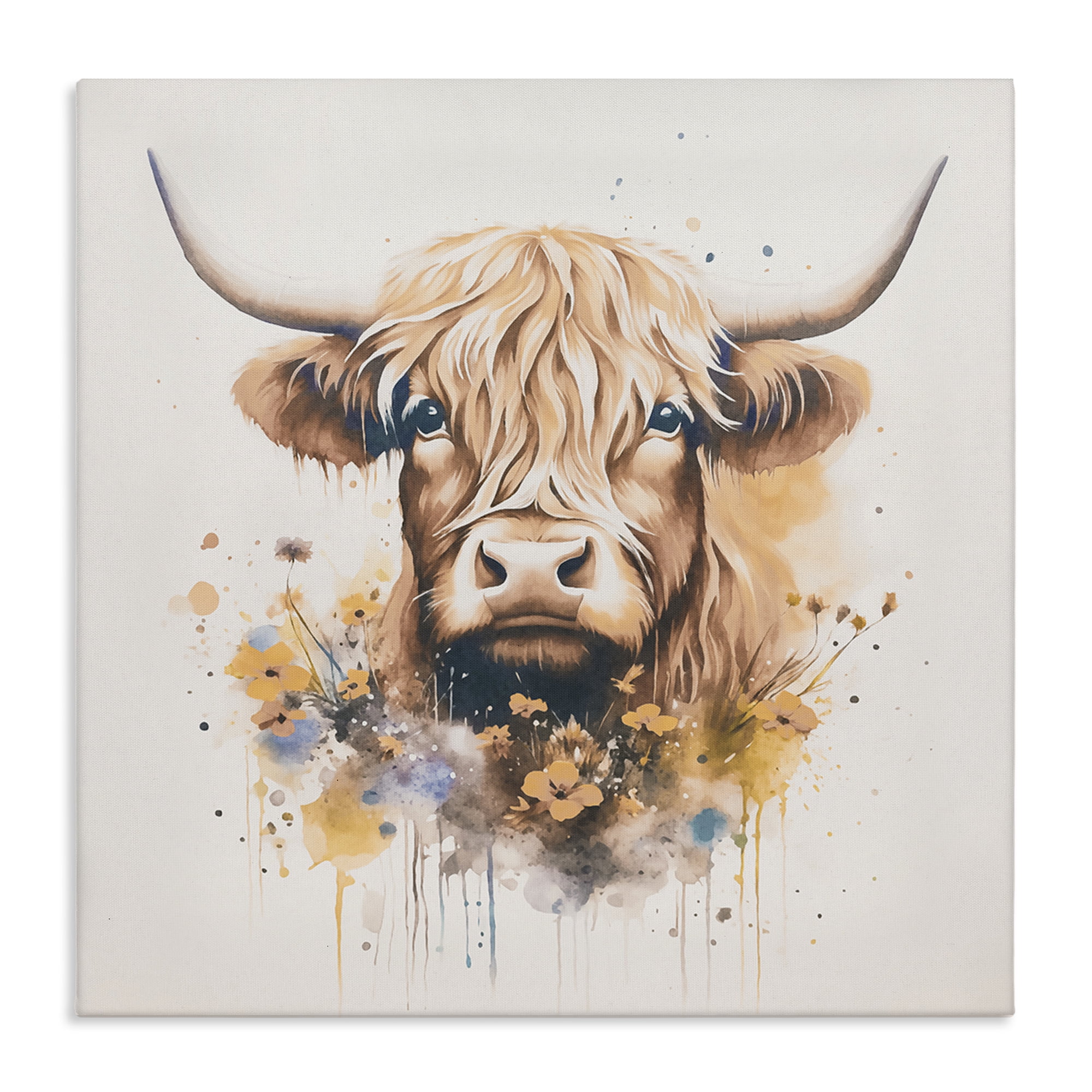 Stupell Industries Fancy Florals Highland Cow Animals Painting Wrapped Canvas Art Print Wall Art, 30 x 30