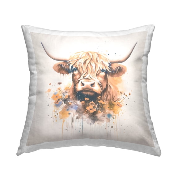 Stupell Industries Fancy Florals Highland Cow Decorative Printed Throw Pillow Design by Andrea Haase.