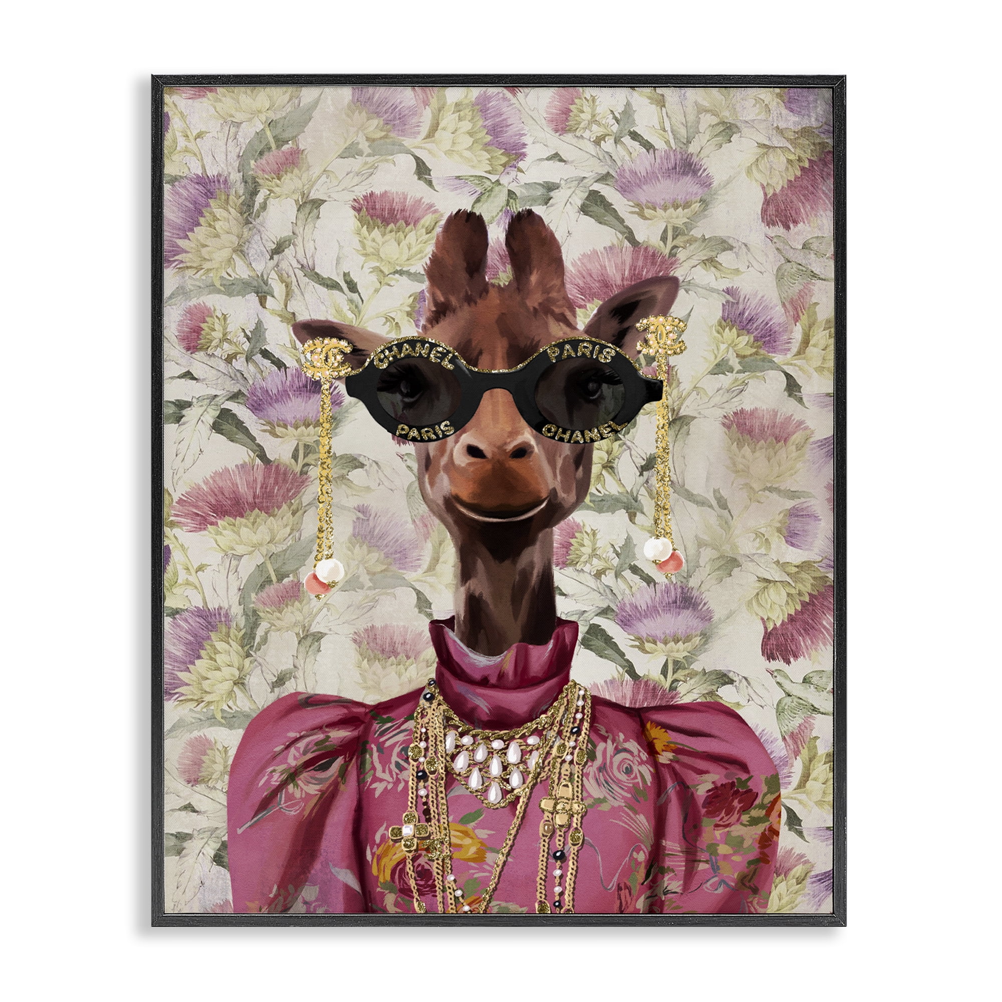 Stupell Industries Fancy Giraffe on Florals Animals Painting Black Framed Art Print Wall Art, 11 x 14
