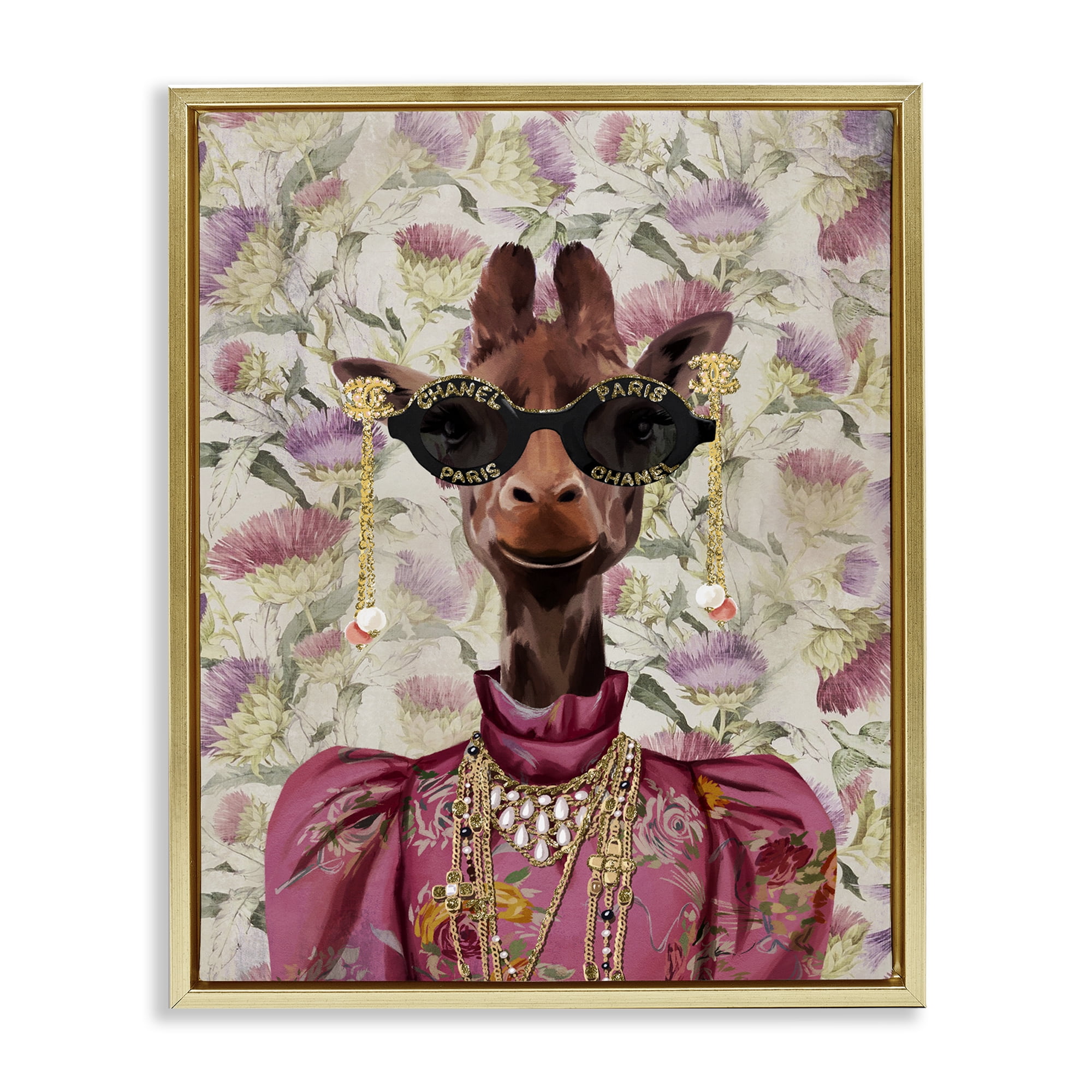 Stupell Industries Fancy Giraffe on Florals Animals Painting Gold Floater Framed Canvas Art Print Wall Art, 25 x 31