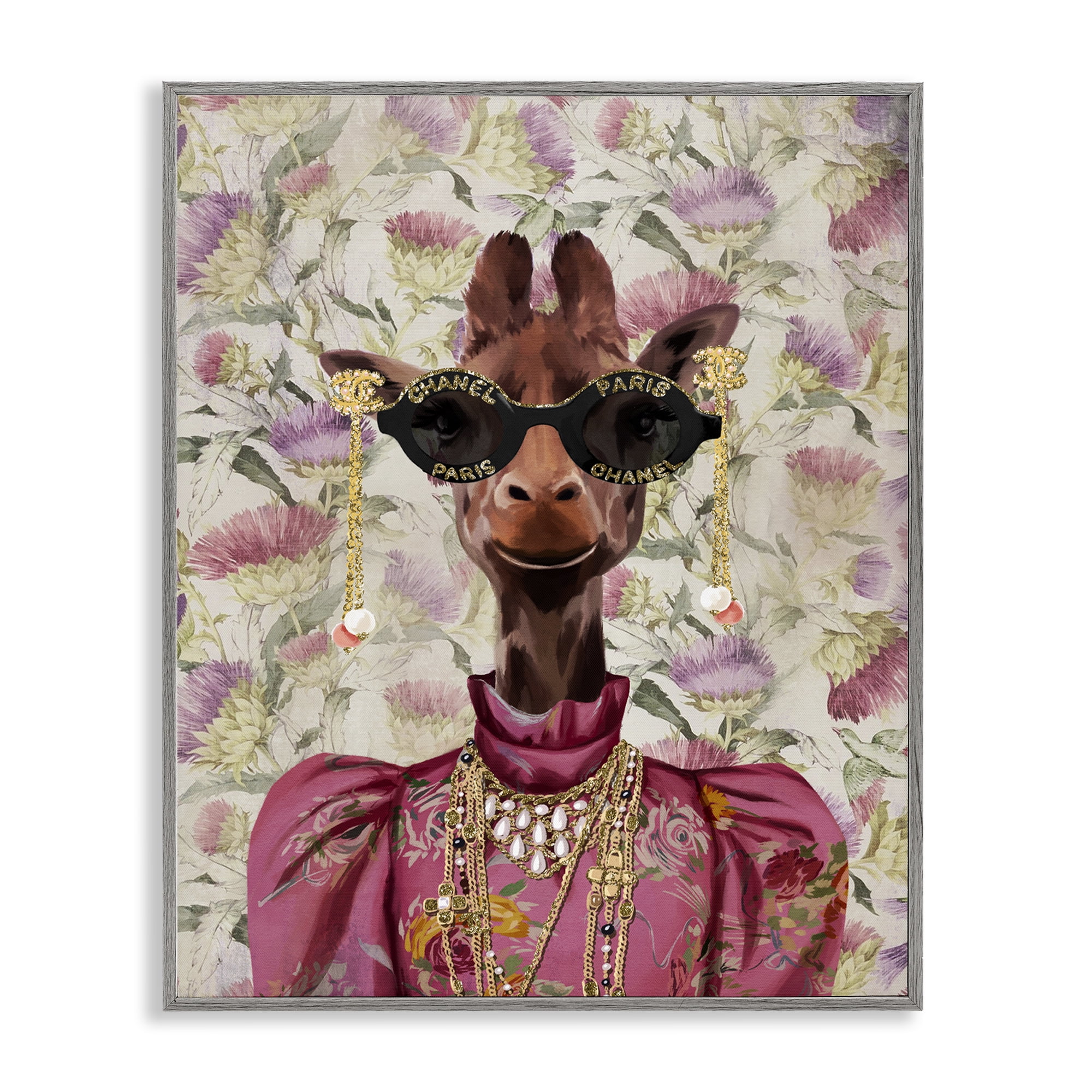 Stupell Industries Fancy Giraffe on Florals Animals Painting Gray Framed Art Print Wall Art, 11 x 14