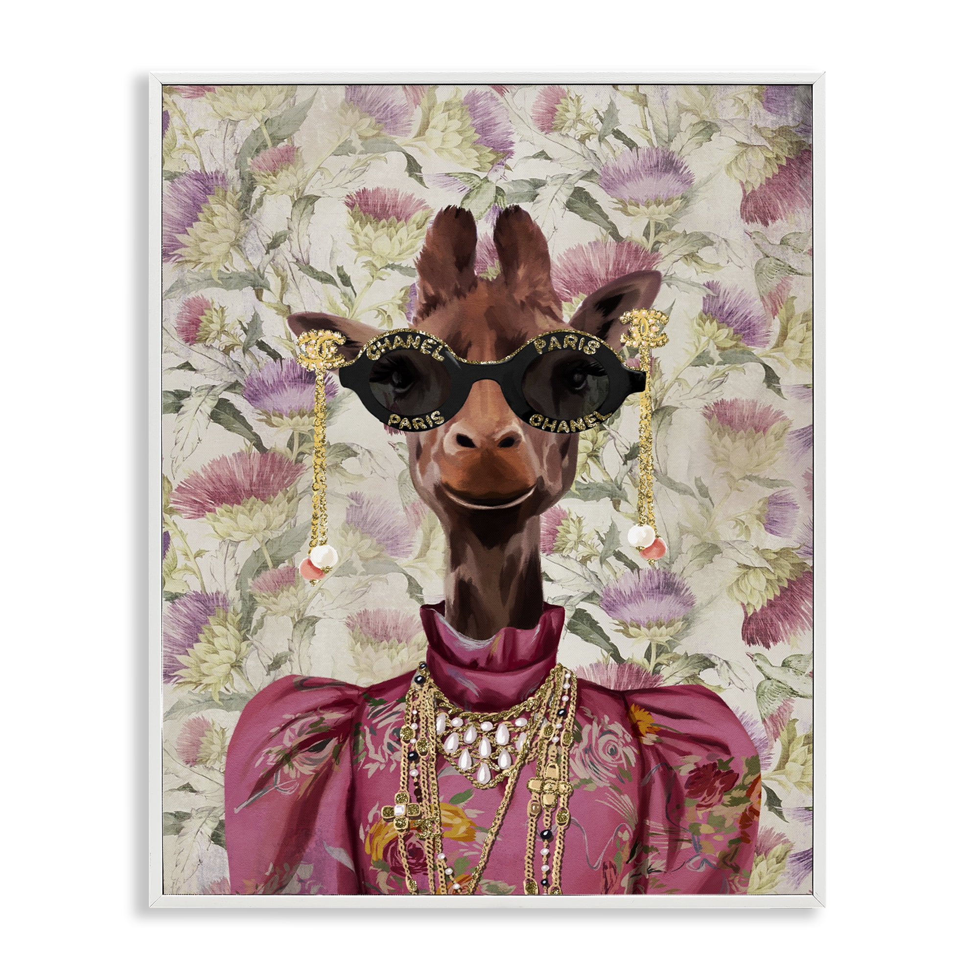 Stupell Industries Fancy Giraffe on Florals Animals Painting White Framed Art Print Wall Art, 24 x 30