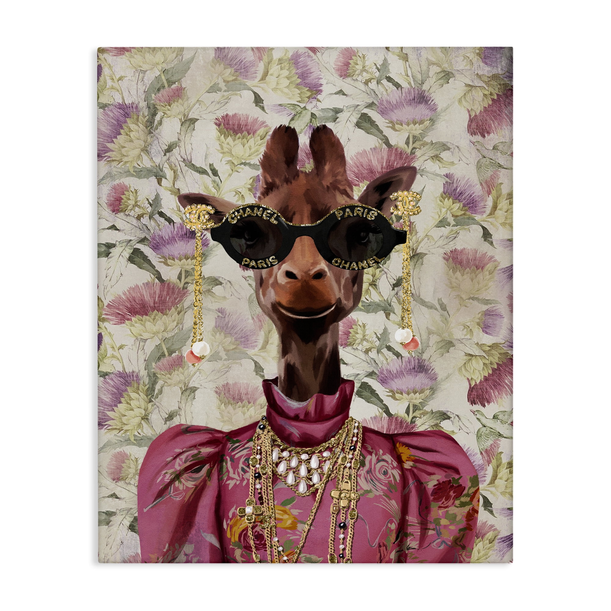 Stupell Industries Fancy Giraffe on Florals Animals Painting Wrapped Canvas Art Print Wall Art, 36 x 48