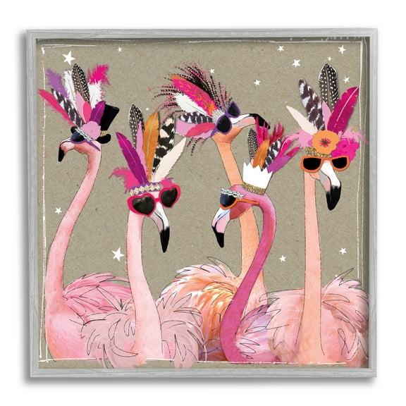 Stupell Industries Fancy Pants Flamingos Animals & Insects Painting Gray Framed Art Print Wall Art, 12 x 12