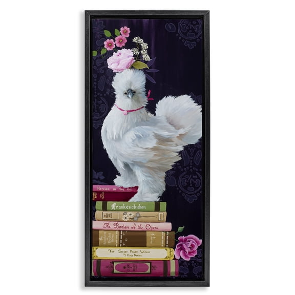 Stupell Industries Fancy Vintage Chicken with Books Animals Painting Black Floater Framed Canvas Art Print Wall Art, 15 x 31