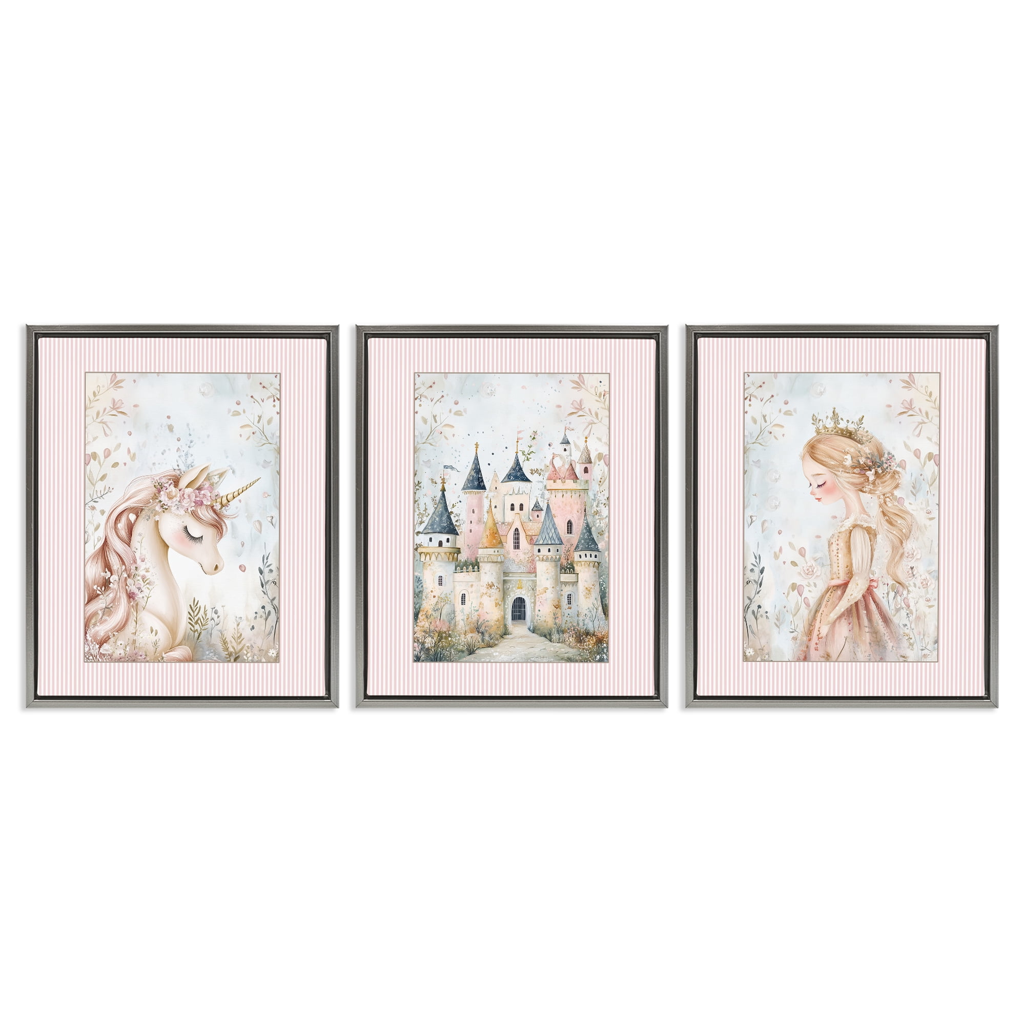 Stupell Industries Fantasy Enchanted Dreams 3 Piece Gray Framed Floater Canvas Set, design by Christine Simpson Art