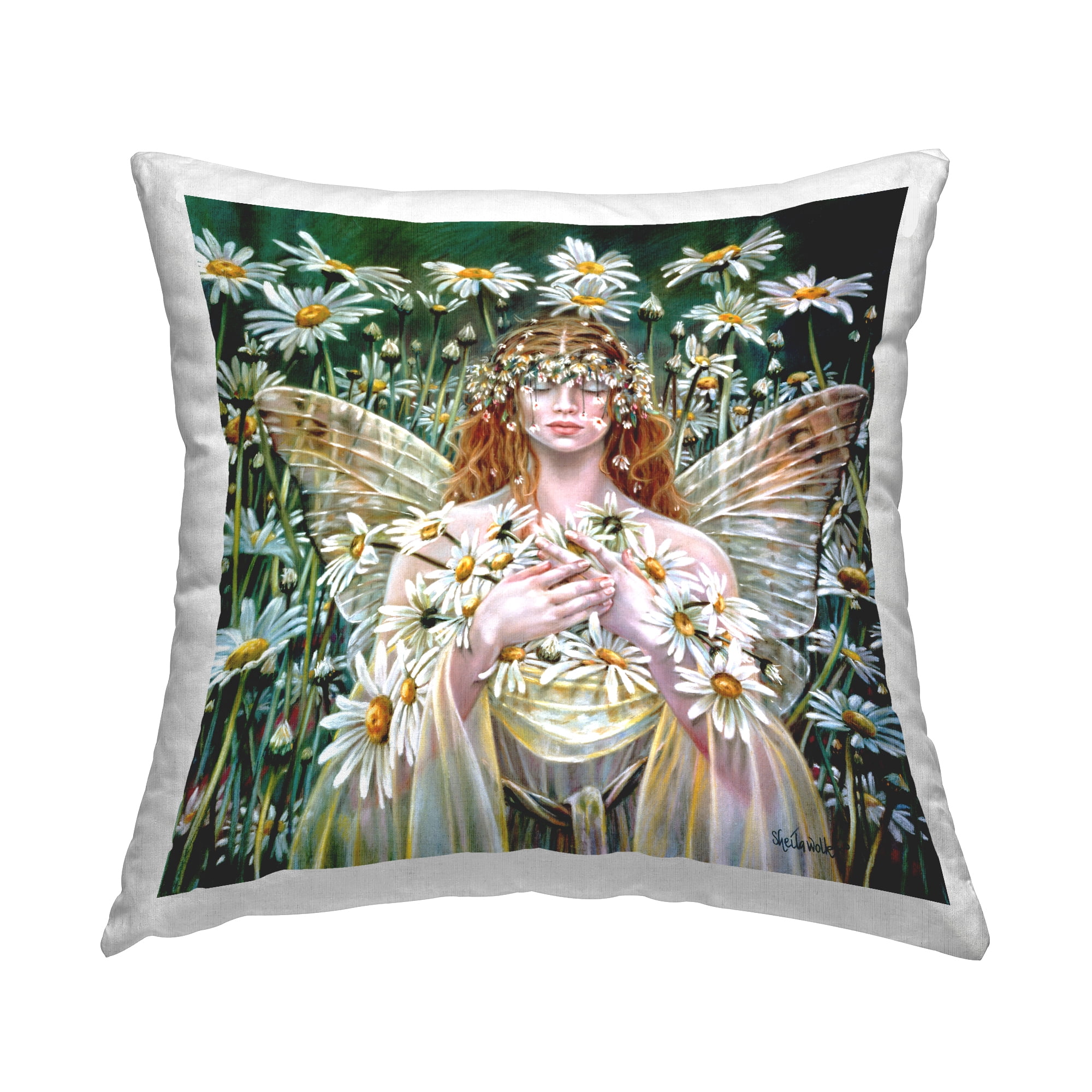 Stupell Industries Fantasy Fairy Blooming Daisy Field Square Decorative Printed Throw Pillow, 18 x 18,
