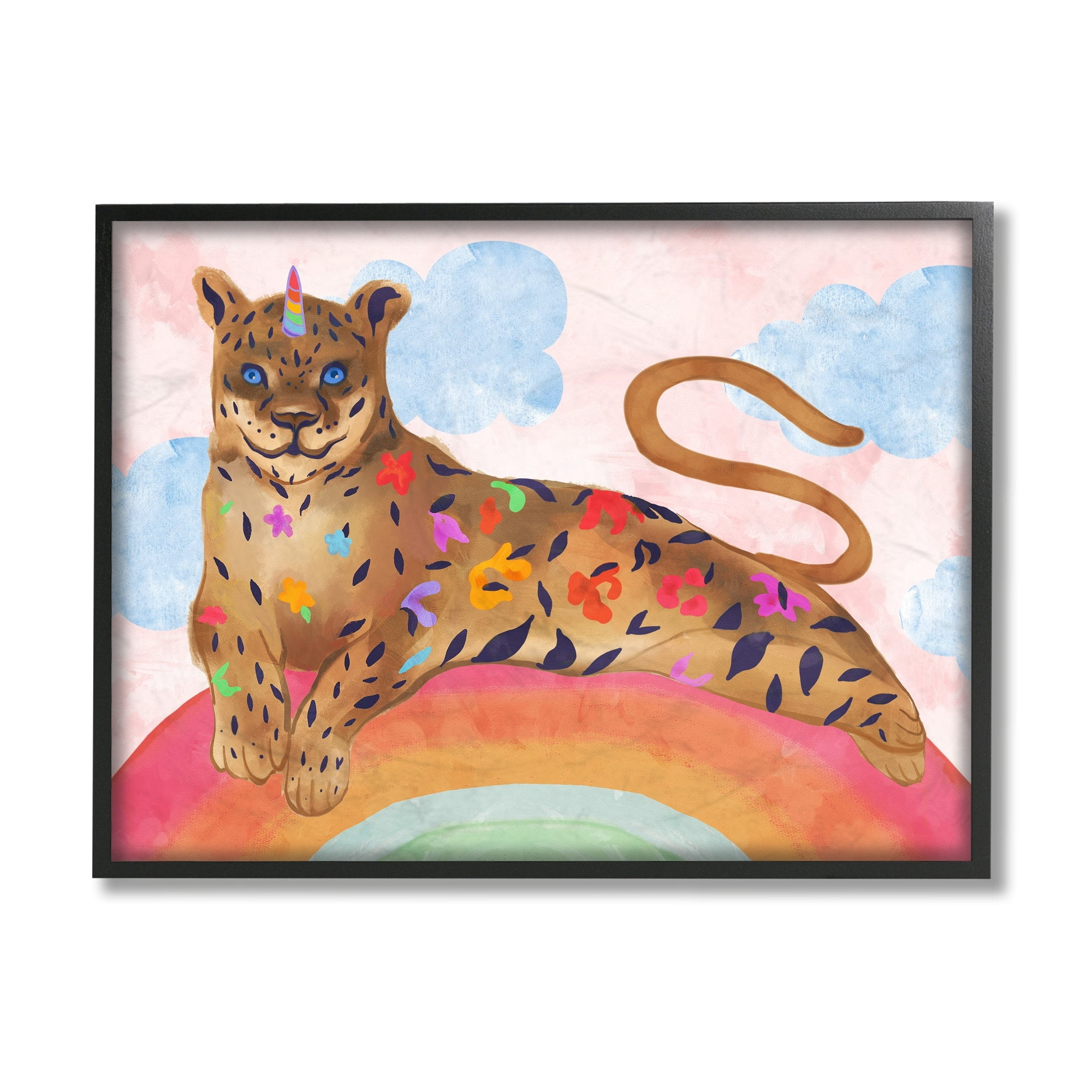 Stupell Industries Fantasy Jungle Cat On Mystical Rainbow Black Framed, 16 x 20, Design by Daphne Polselli