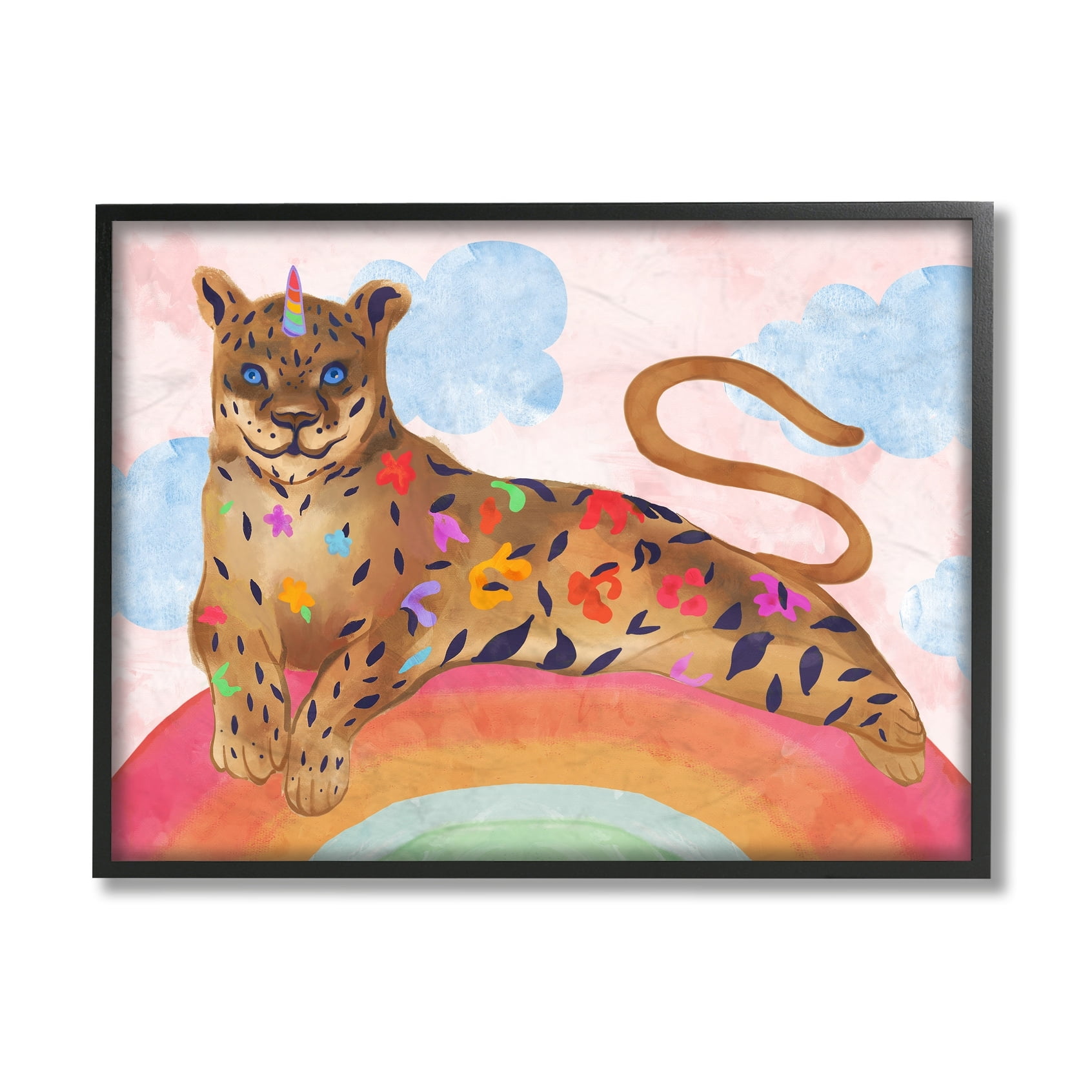 Stupell Industries Fantasy Jungle Cat On Mystical Rainbow Black Framed, 24 x 30, Design by Daphne Polselli