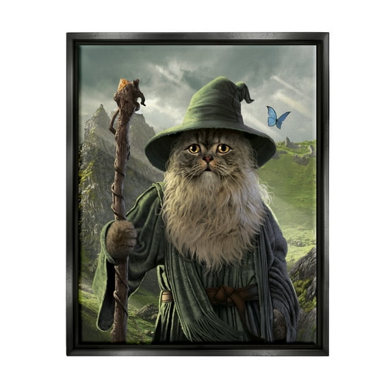 Stupell Industries Fantasy Wizard Cat Animals & Insects Painting Black Floater Framed Canvas Art Print Wall Art, 25 x 31