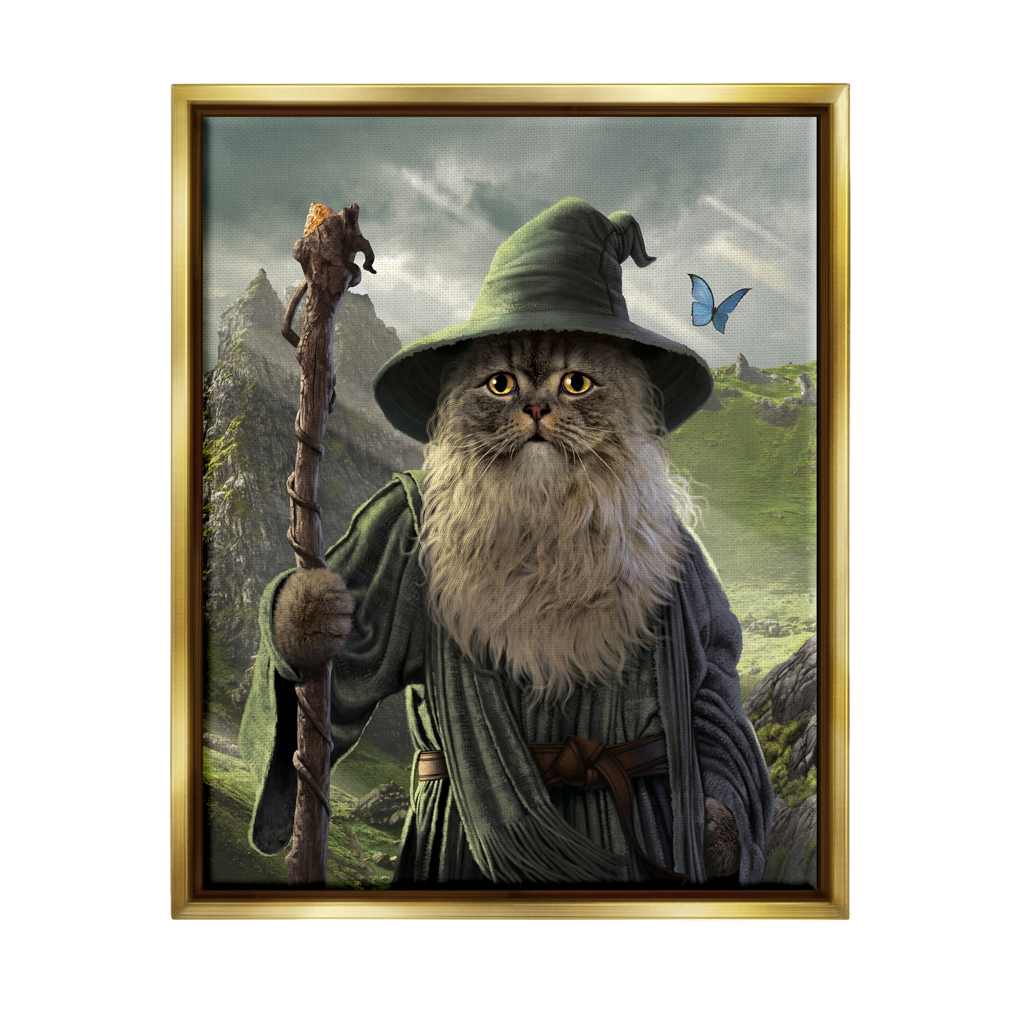 Stupell Industries Fantasy Wizard Cat Animals & Insects Painting Gold Floater Framed Canvas Art Print Wall Art, 25 x 31