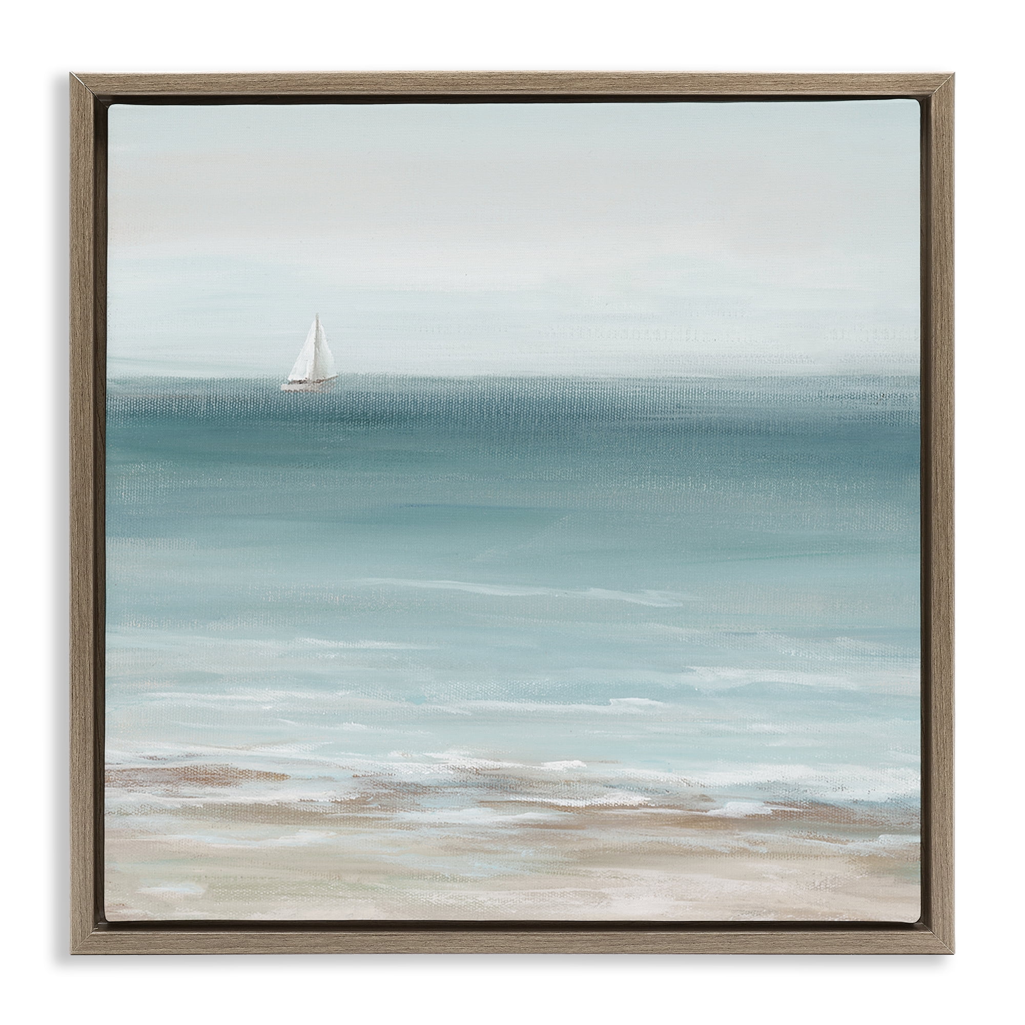 Stupell Industries Faraway Boat on Ocean Nautical & Beach Painting Brown Floater Framed Canvas Art Print Wall Art, 18 x 18