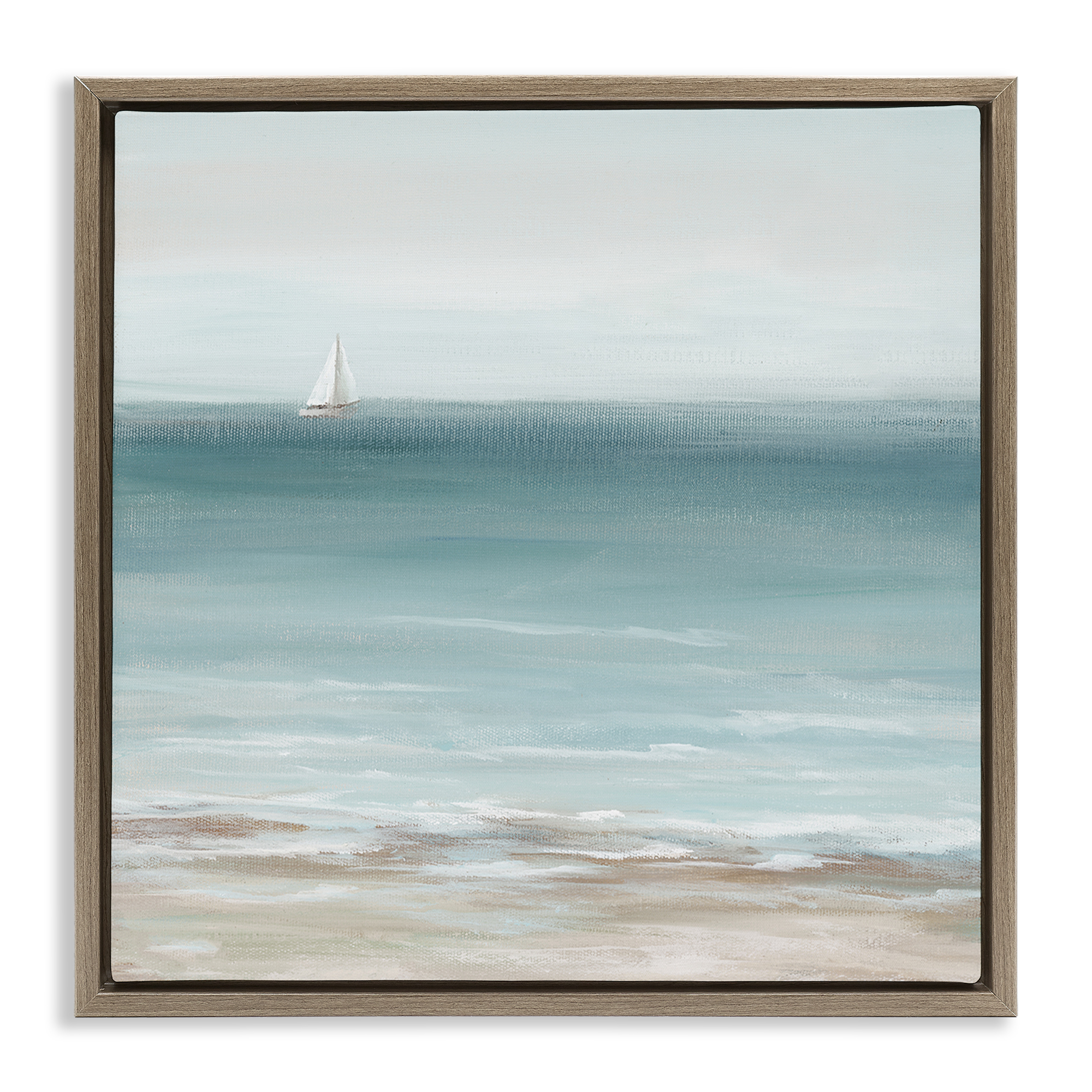 Stupell Industries Faraway Boat on Ocean Nautical & Beach Painting Brown Floater Framed Canvas Art Print Wall Art, 25 x 25