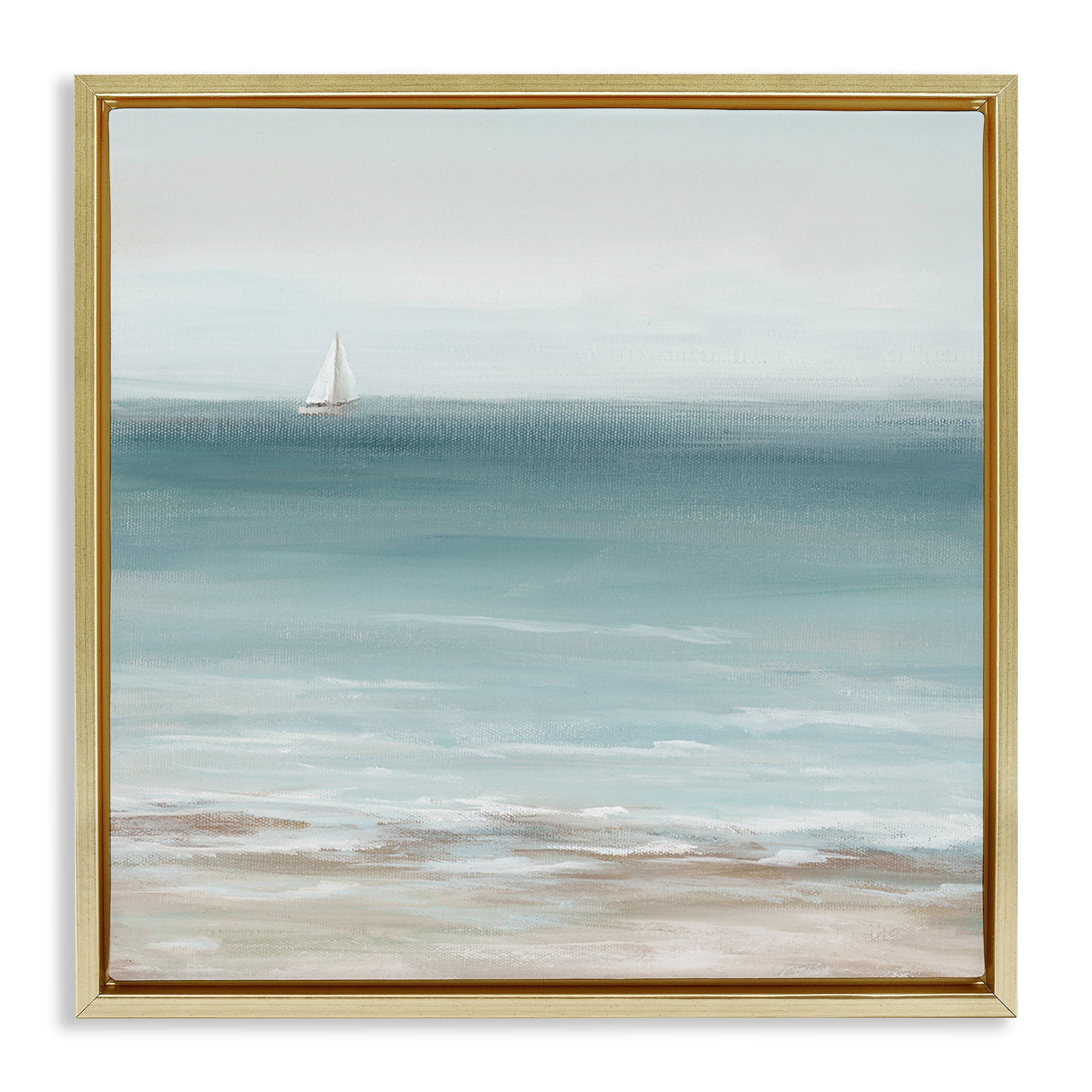 Stupell Industries Faraway Boat on Ocean Nautical & Beach Painting Gold Floater Framed Canvas Art Print Wall Art, 25 x 25