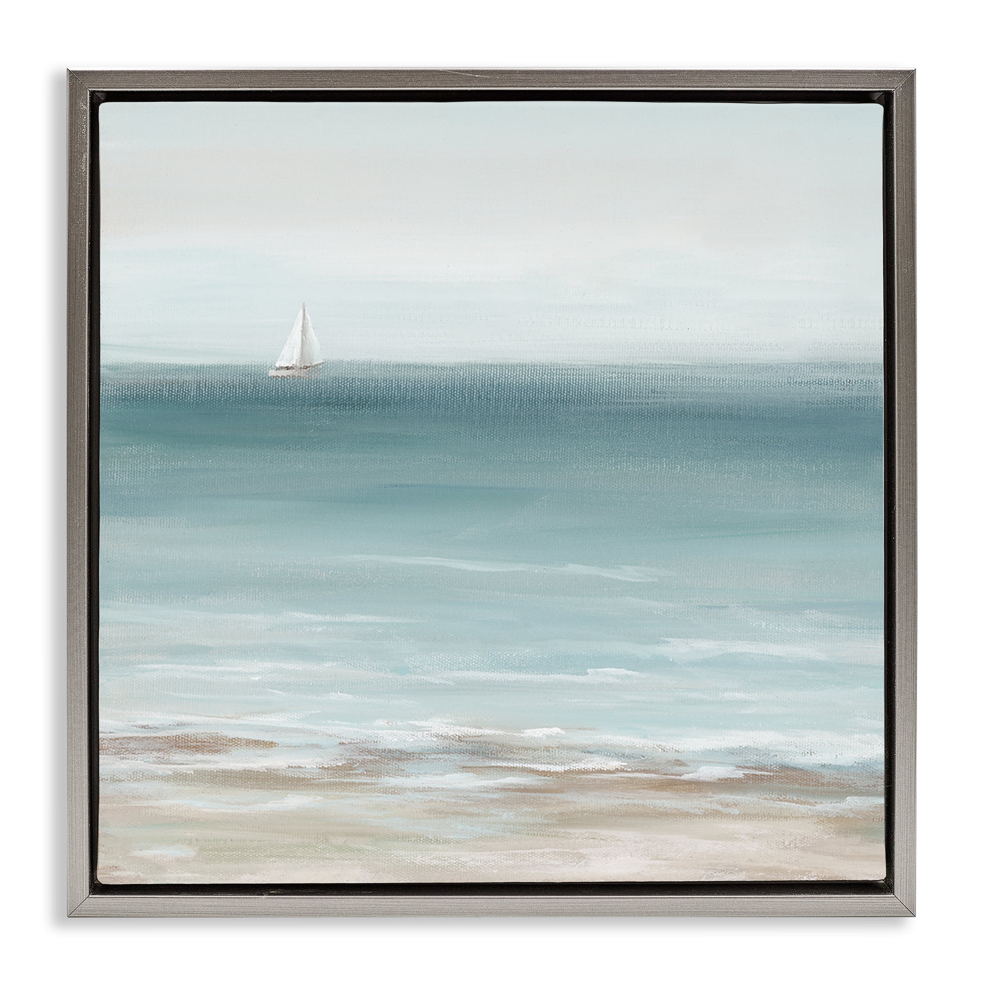 Stupell Industries Faraway Boat on Ocean Nautical & Beach Painting Gray Floater Framed Canvas Art Print Wall Art, 18 x 18