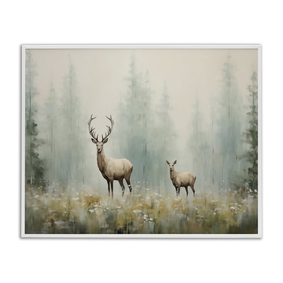 Stupell Industries Faraway Deer in Meadow Landscape & Nature Painting White Framed Art Print Wall Art, 30 x 24