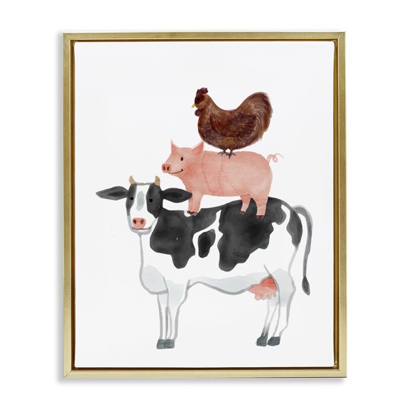 Stupell Industries Farm Animal Stack Whimsy Gold Framed Floater Canvas Wall Art, design by Kim Allen
