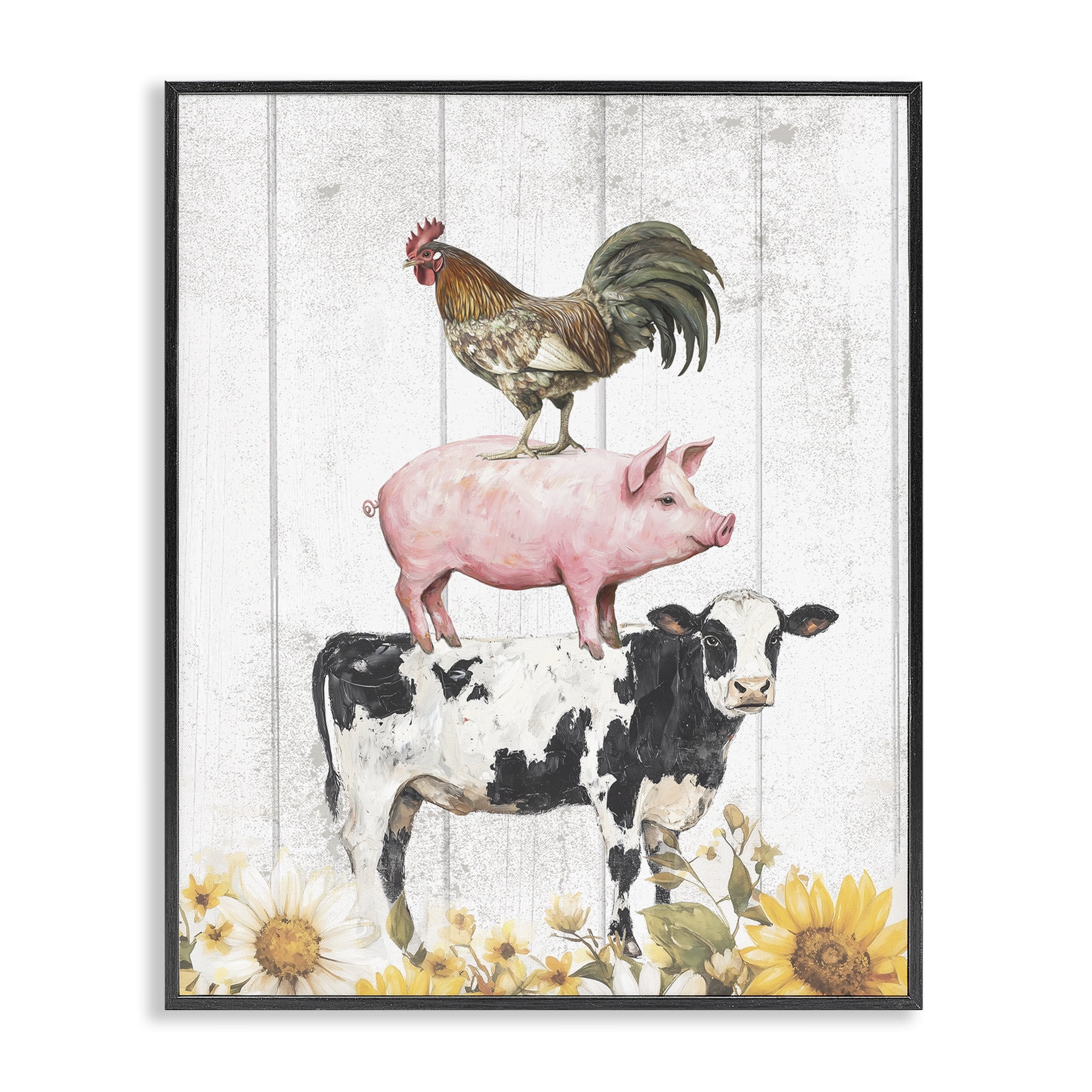 Stupell Industries Farm Animal Stack and Sunflowers Black Framed Giclee Art, design by Christine Simpson Art