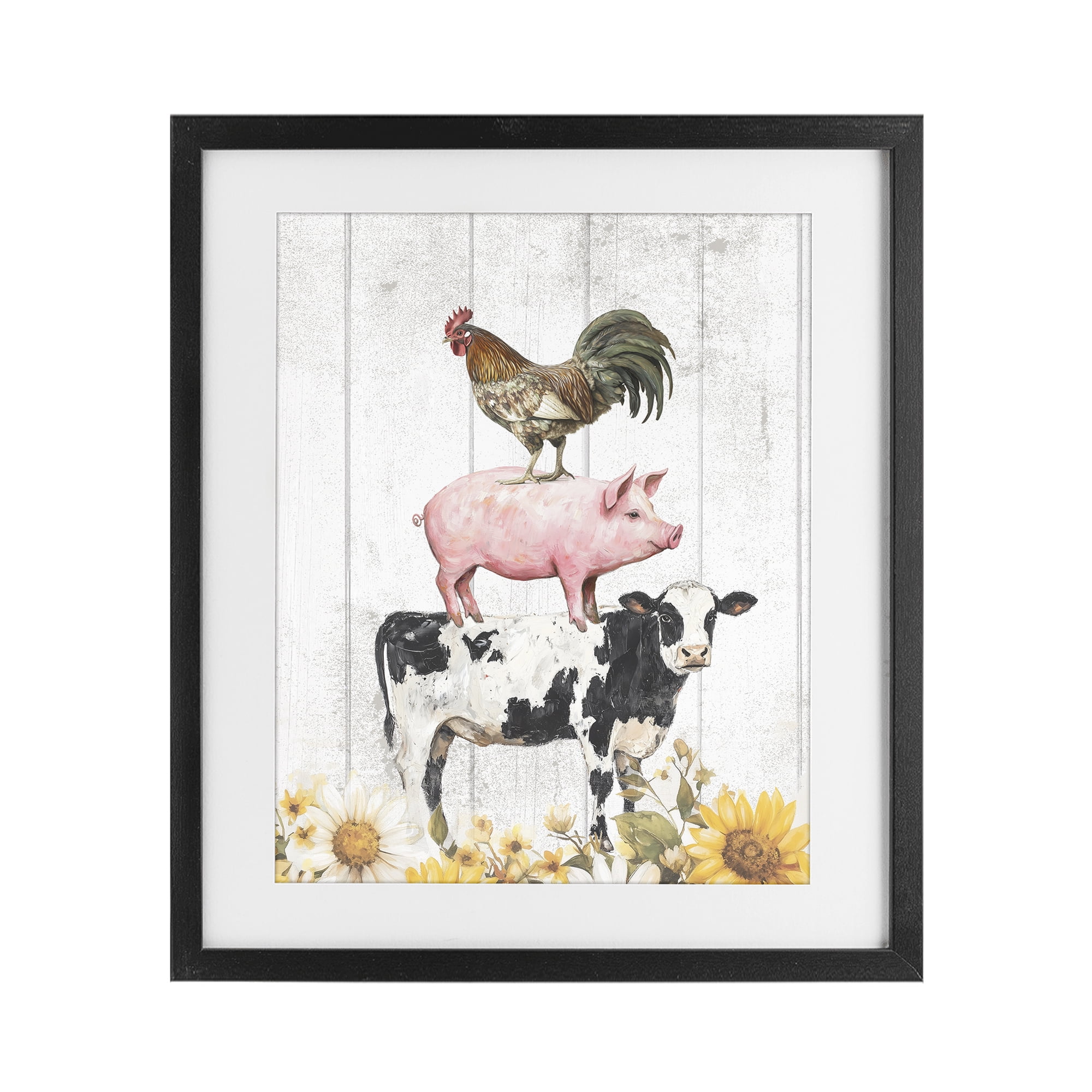 Stupell Industries Farm Animal Stack and Sunflowers Black Framed Print Under Glass, design by Christine Simpson Art