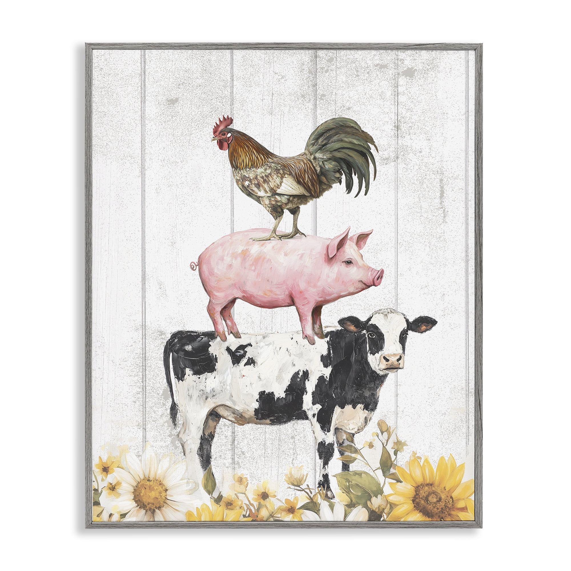 Stupell Industries Farm Animal Stack and Sunflowers Gray Framed Giclee Art, design by Christine Simpson Art