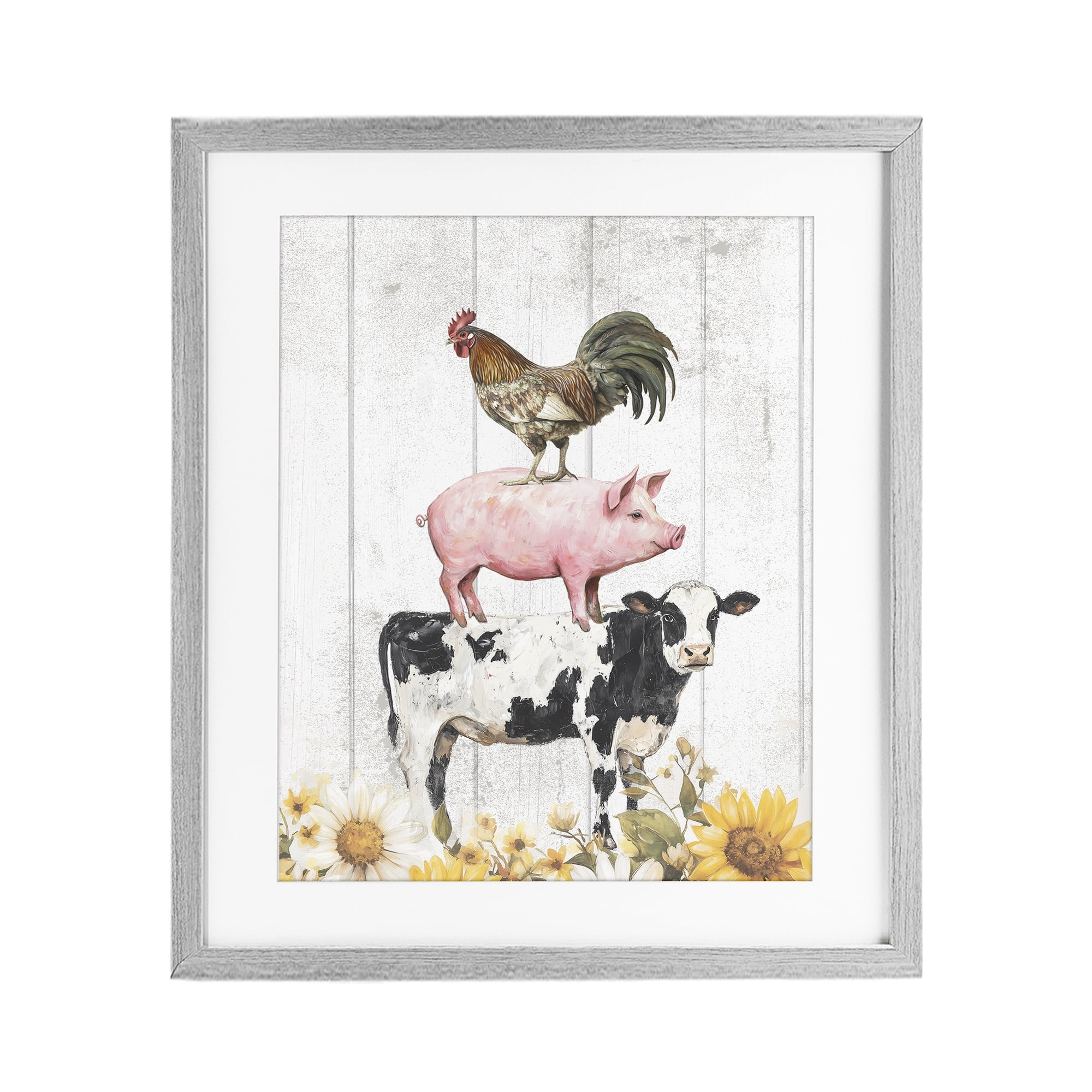 Stupell Industries Farm Animal Stack and Sunflowers Gray Framed Print Under Glass, design by Christine Simpson Art