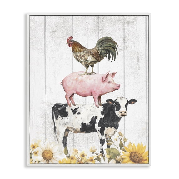 Stupell Industries Cottage Farm Animal Stack and Sunflowers White Framed Giclee Art, 24 x 30, by Christine Simpson Art