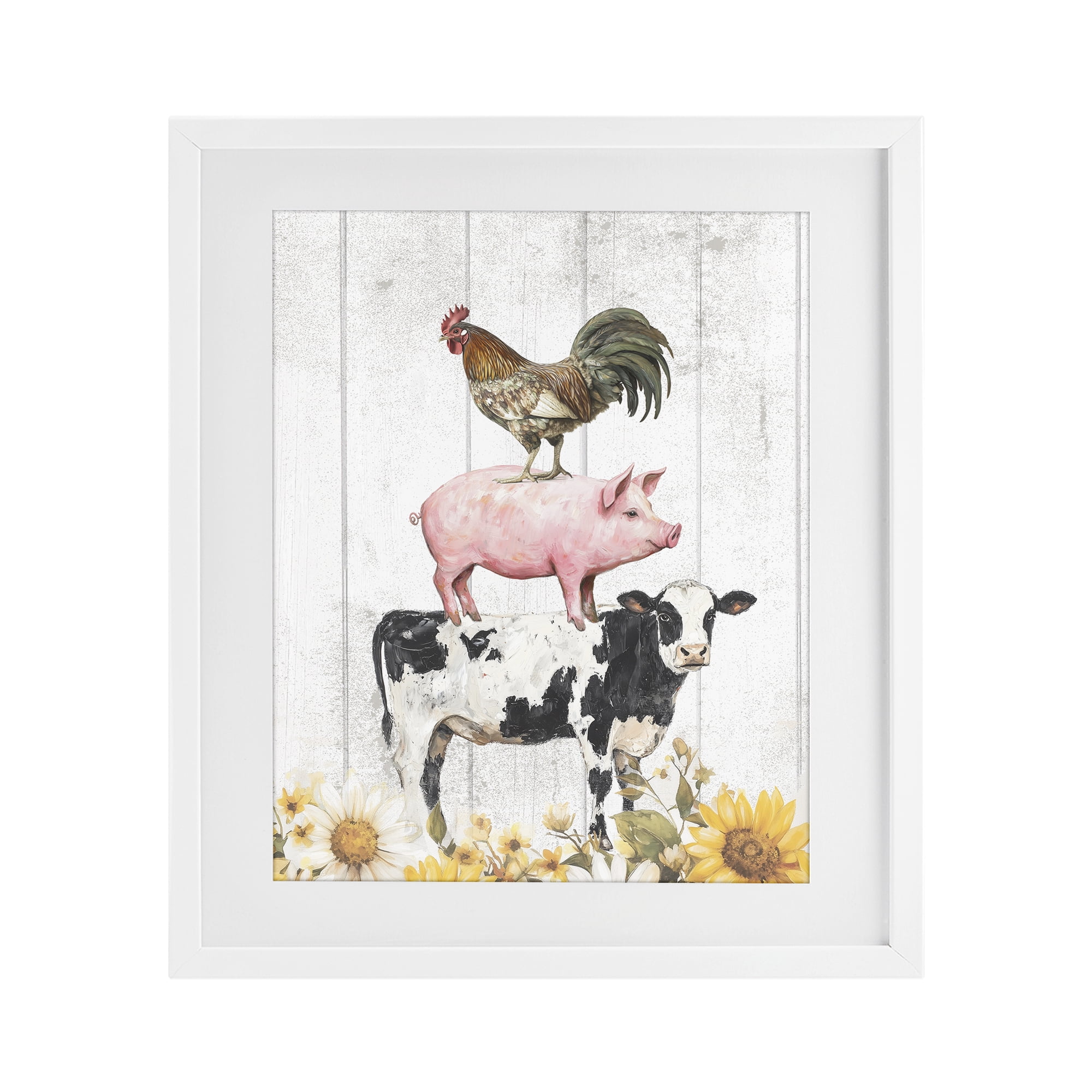 Stupell Industries Farm Animal Stack and Sunflowers White Framed Print Under Glass, design by Christine Simpson Art