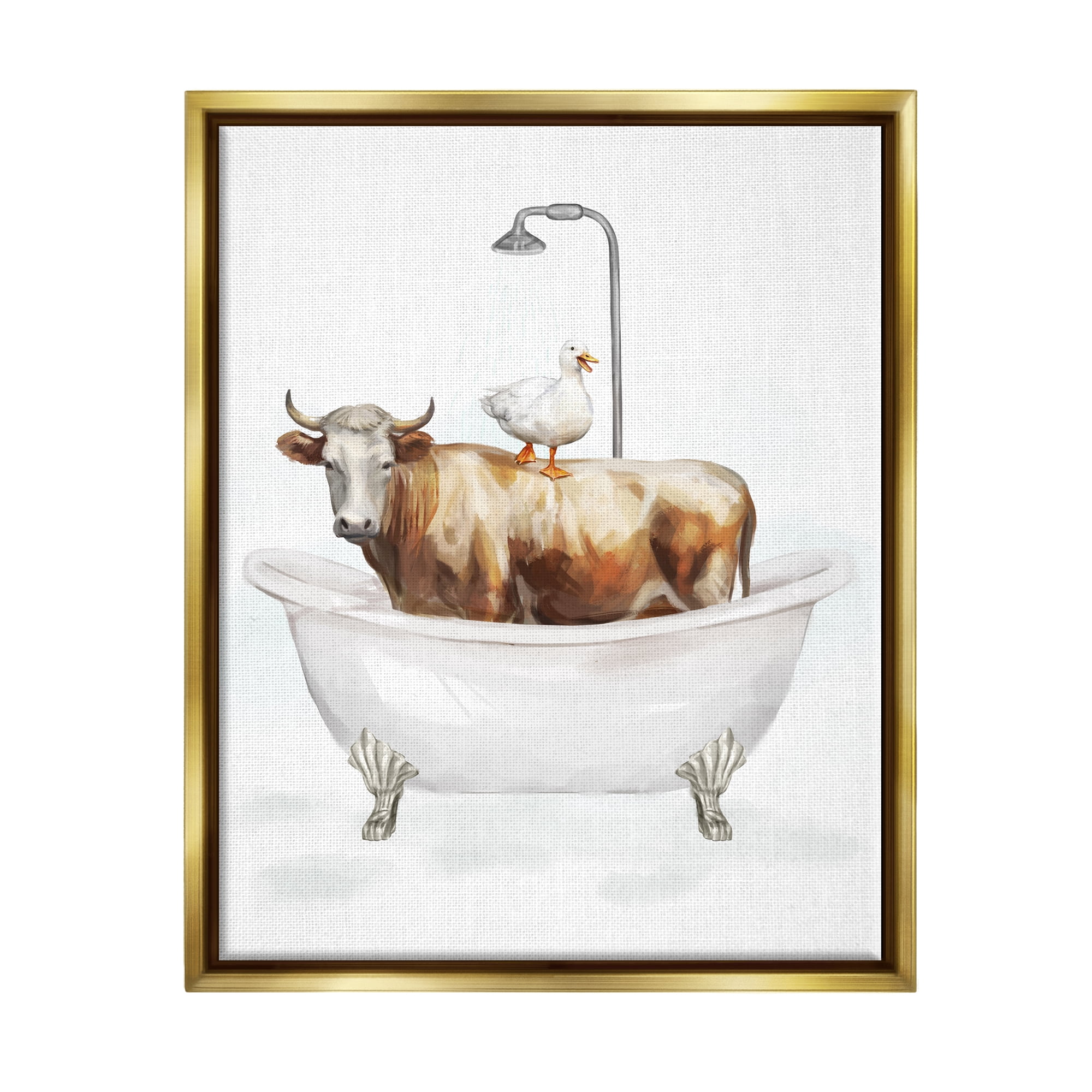 Stupell Industries Farm Animals Bathtub Animals & Insects Painting Gold Floater Framed Canvas Art Print Wall Art, 25 x 31