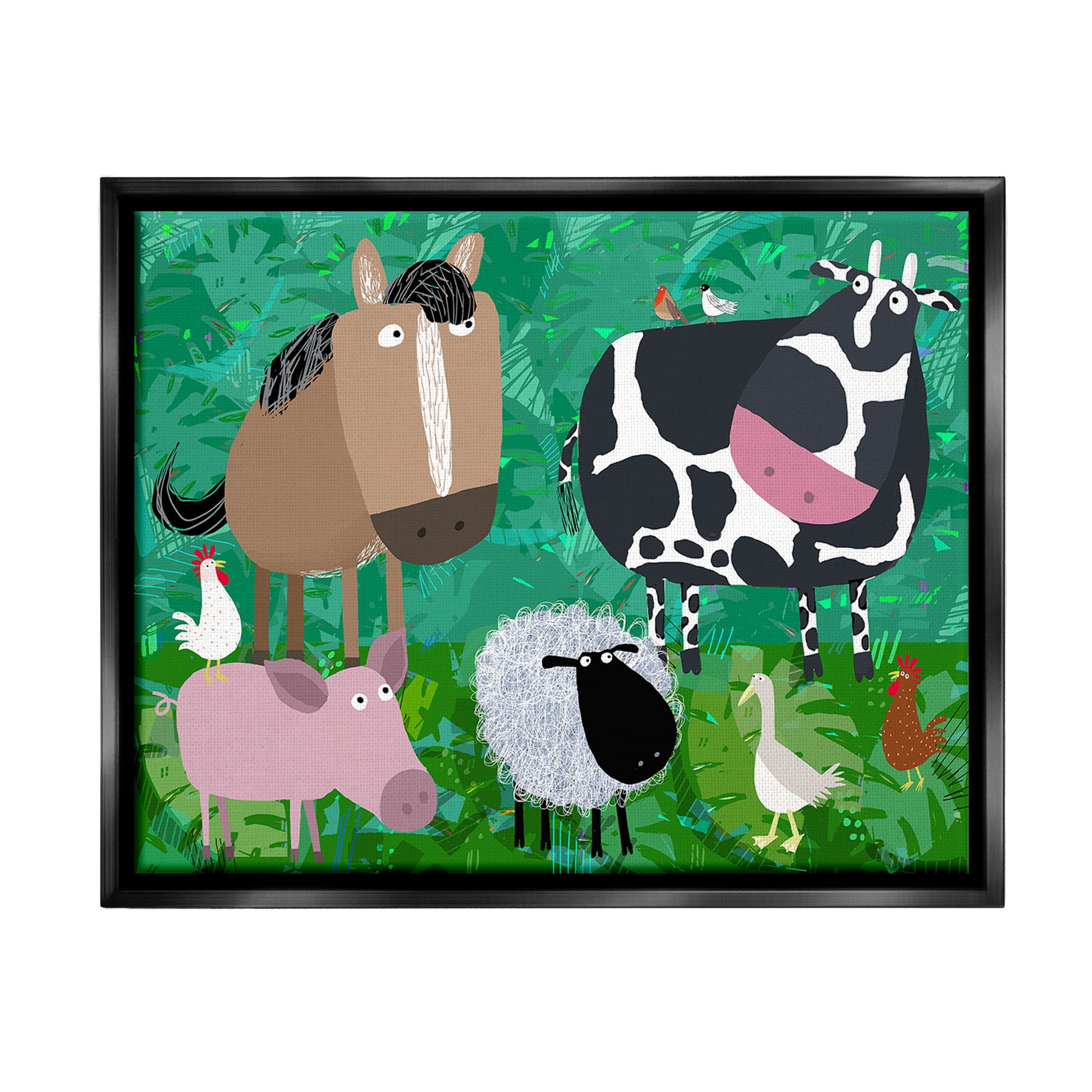 Stupell Industries Farm Animals & Leaves Animals & Insects Painting Black Floater Framed Canvas Art Print Wall Art, 31 x 25