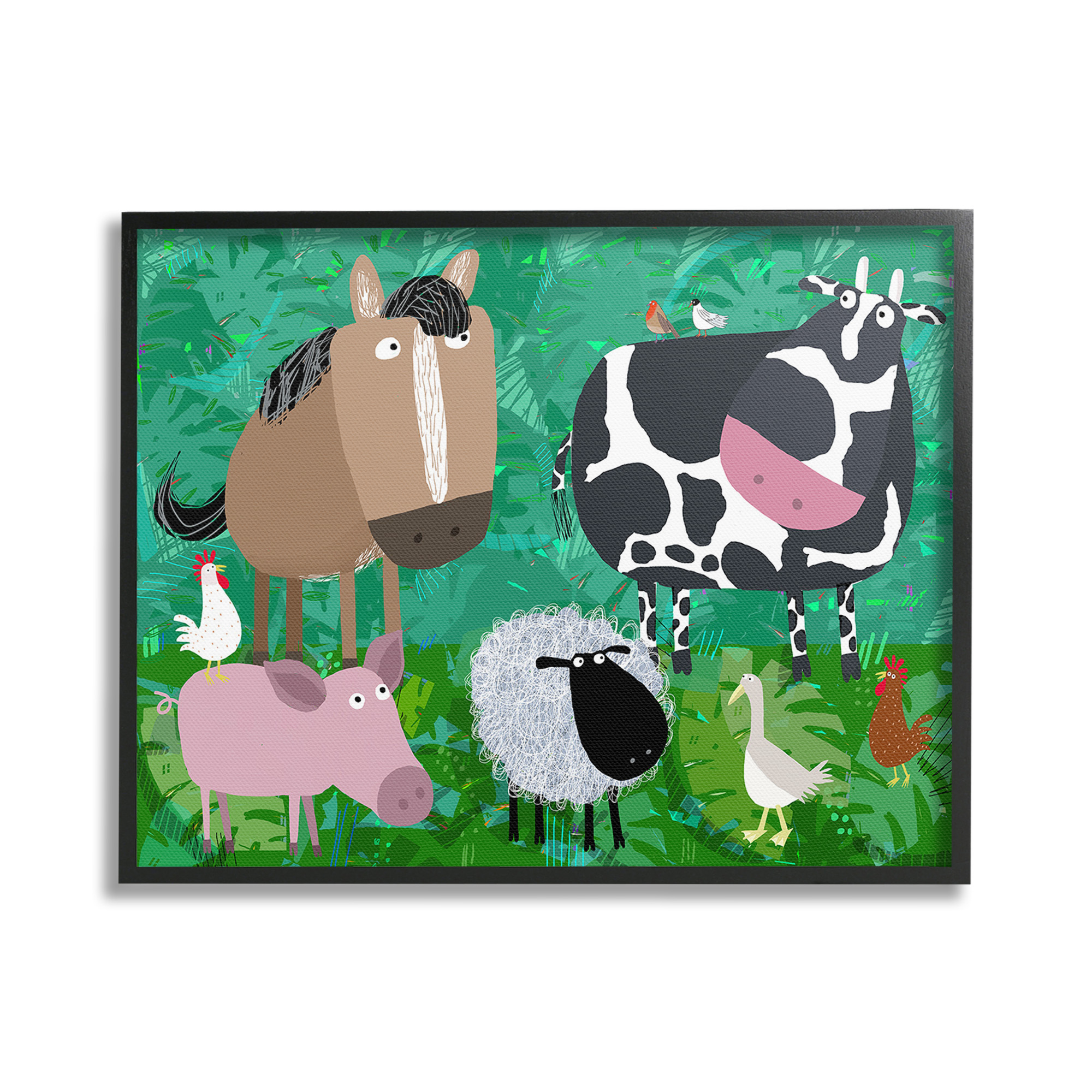 Stupell Industries Farm Animals & Leaves Animals & Insects Painting Black Framed Art Print Wall Art, 30 x 24