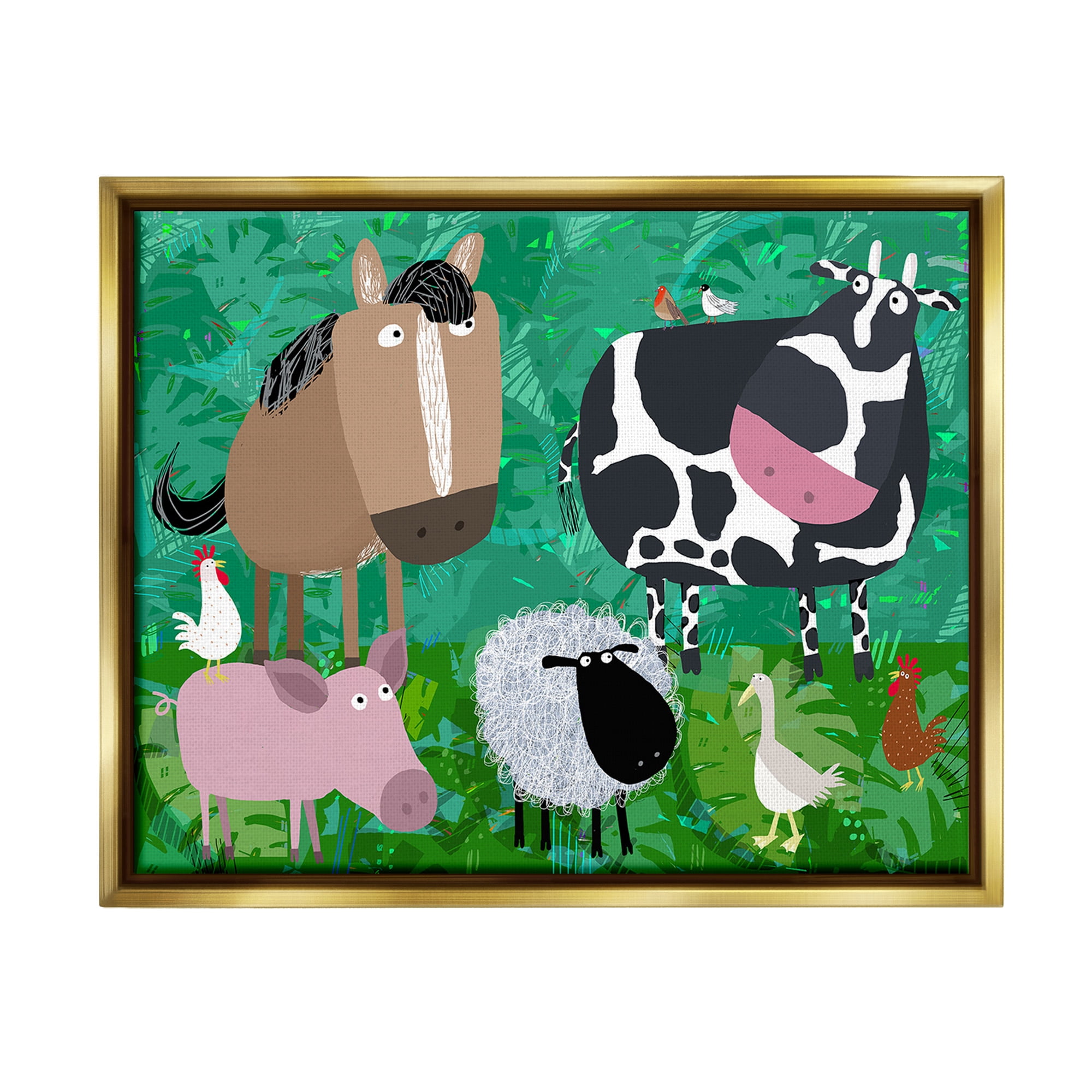 Stupell Industries Farm Animals & Leaves Animals & Insects Painting Gold Floater Framed Canvas Art Print Wall Art, 31 x 25