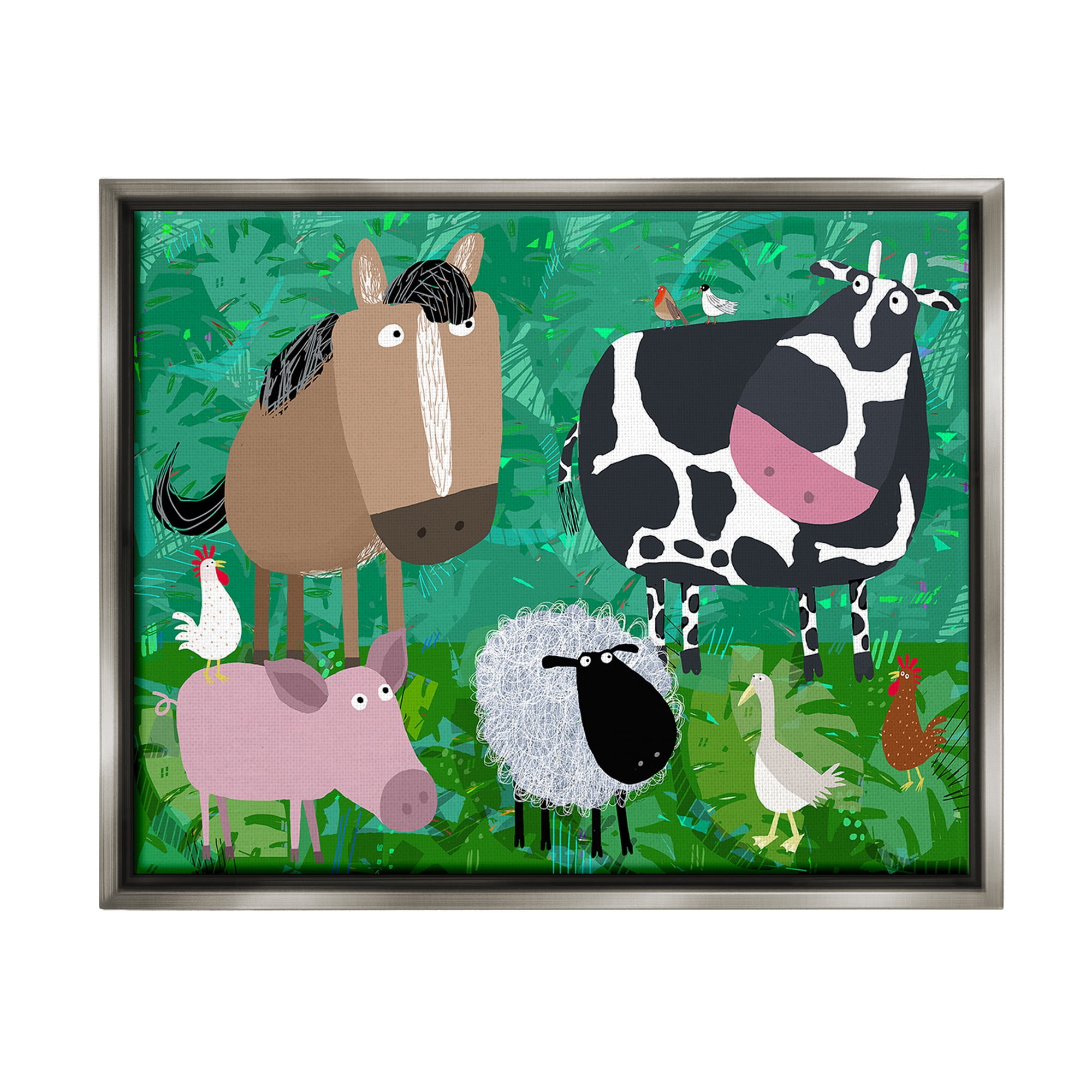 Stupell Industries Farm Animals & Leaves Animals & Insects Painting Gray Floater Framed Canvas Art Print Wall Art, 21 x 17