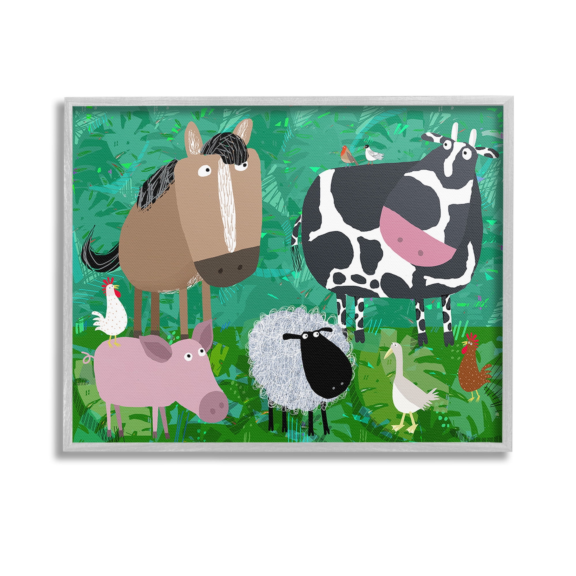 Stupell Industries Farm Animals & Leaves Animals & Insects Painting Gray Framed Art Print Wall Art, 14 x 11