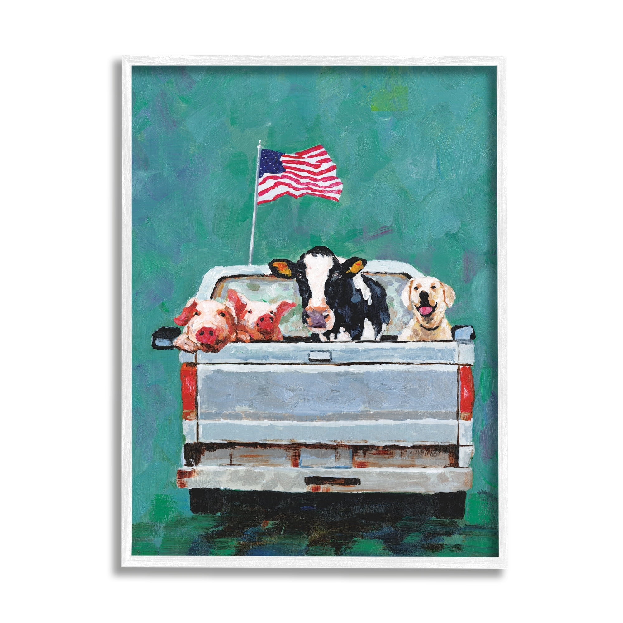Stupell Industries Farm Animals Pickup Truck Waving American Flag Framed Wall Art, 11 x 14, Design by White Ladder