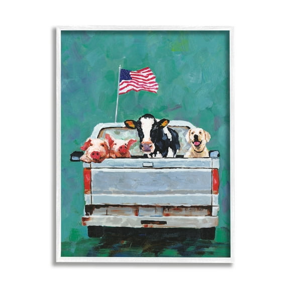 Stupell Industries Farm Animals Pickup Truck Waving American Flag Framed Wall Art, 11 x 14, Design by White Ladder