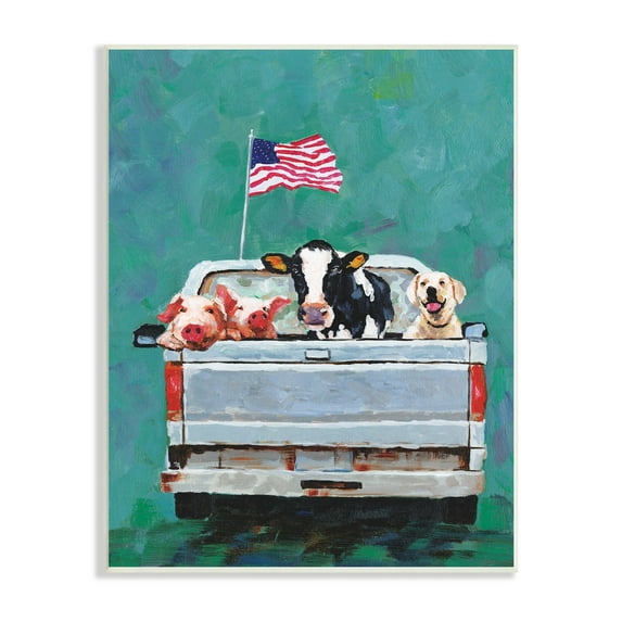 Stupell Industries Farm Animals Pickup Truck Waving Flag Wood Wall Art, 10 x 15, Design by White Ladder